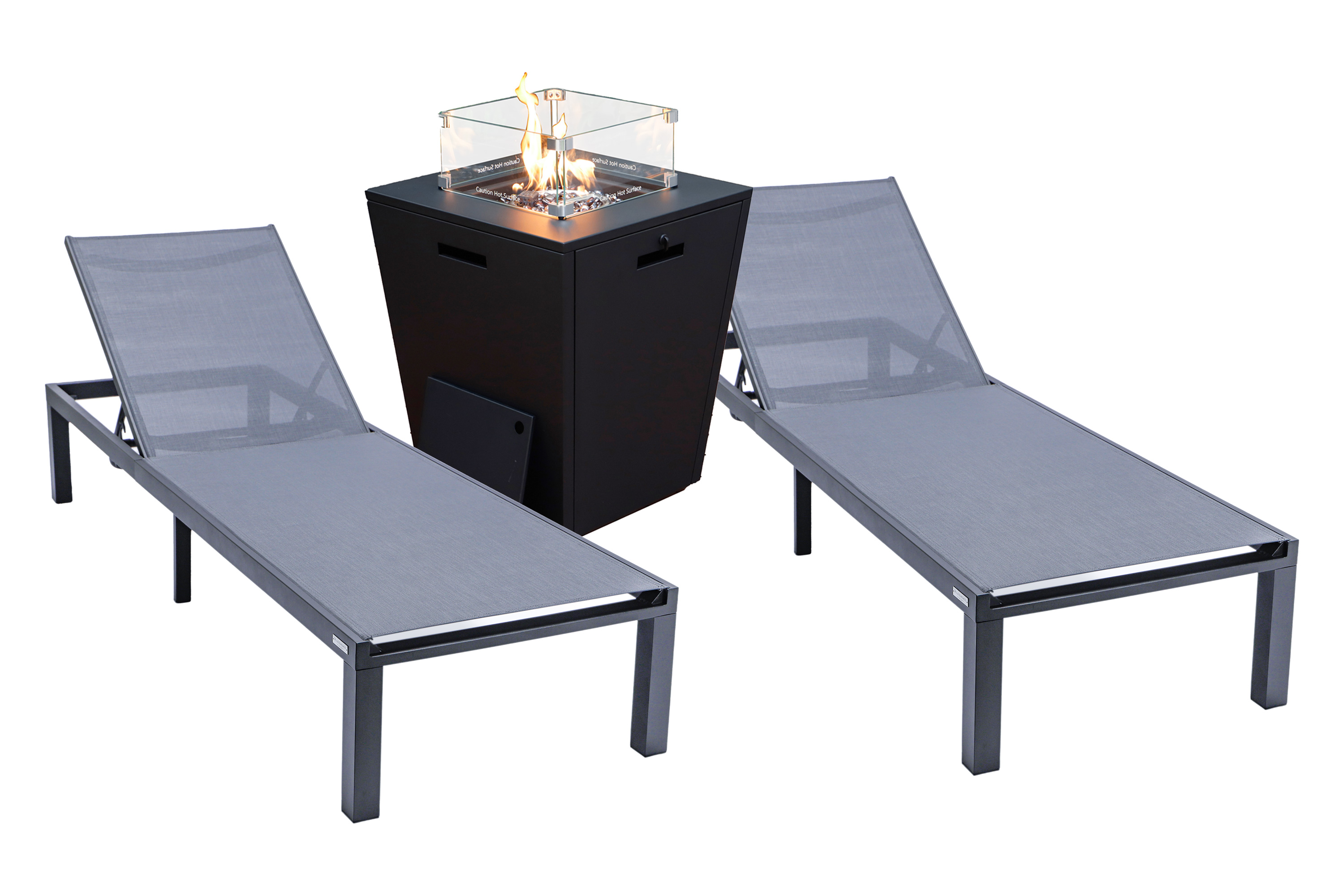 LeisureMod - Marlin Modern Black Aluminum Outdoor Chaise Lounge Chair With Square Fire Pit Side Table Set of 2