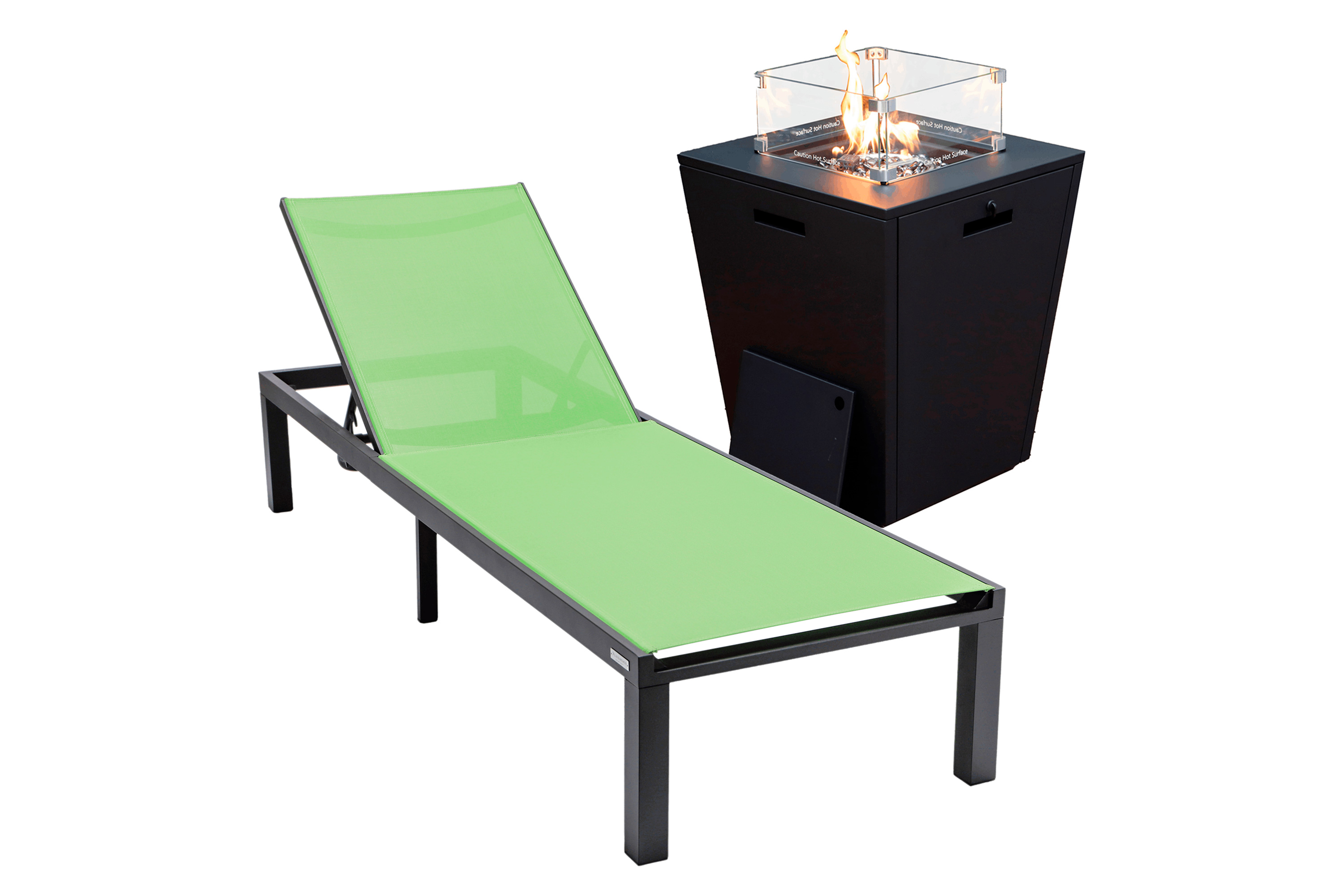 LeisureMod - Marlin Modern Black Aluminum Outdoor Patio Chaise Lounge Chair with Square Fire Pit Side Table