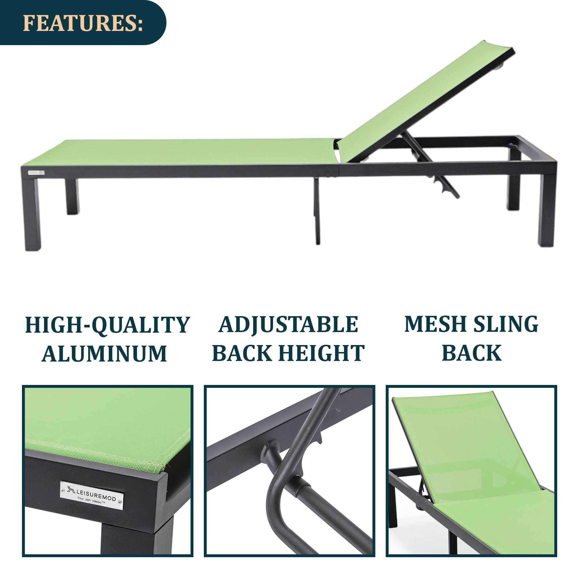 LeisureMod Marlin Modern Black Aluminum Outdoor Patio Chaise Lounge Chair with Square Fire Pit Side Table - Green