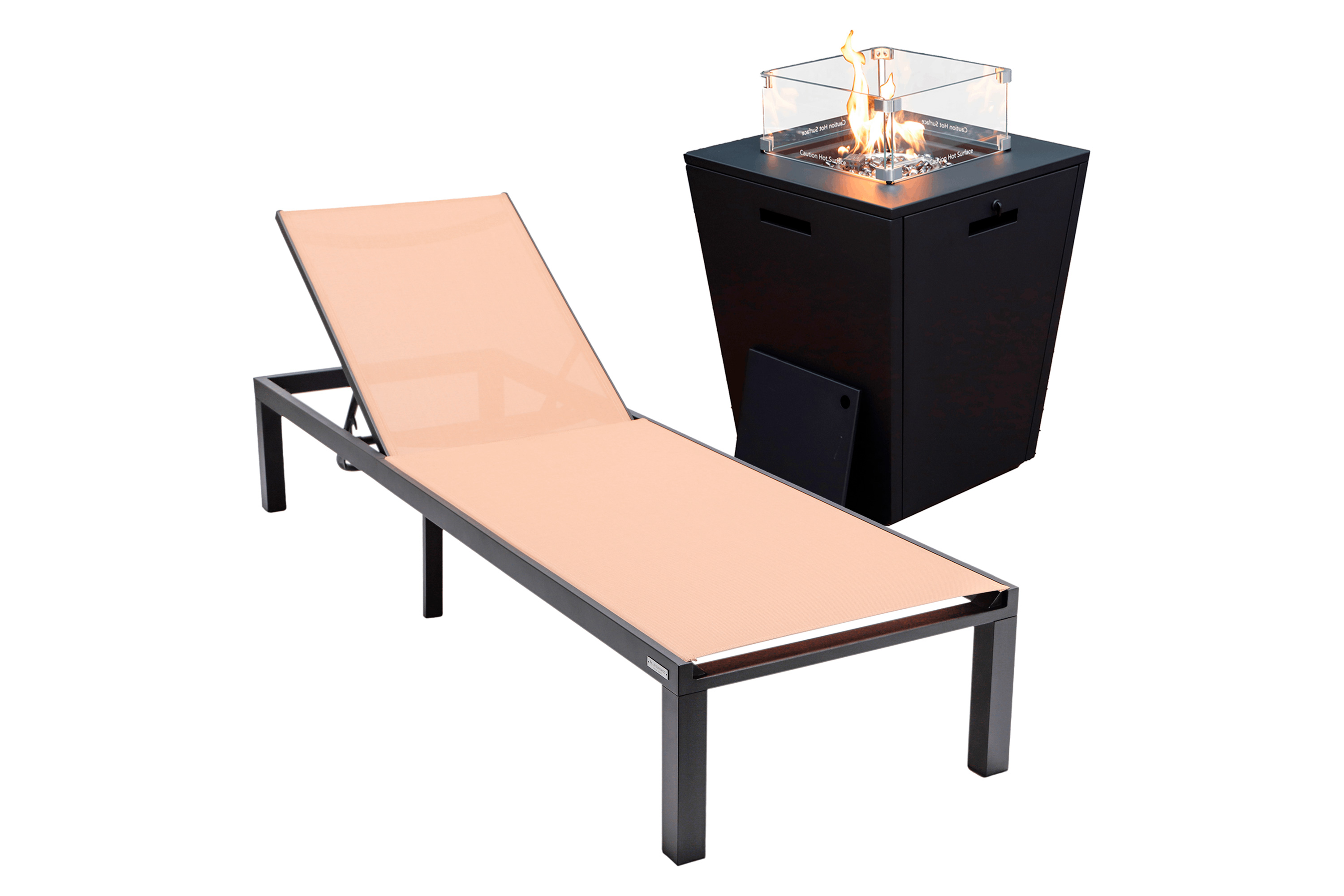 LeisureMod - Marlin Modern Black Aluminum Outdoor Patio Chaise Lounge Chair with Square Fire Pit Side Table