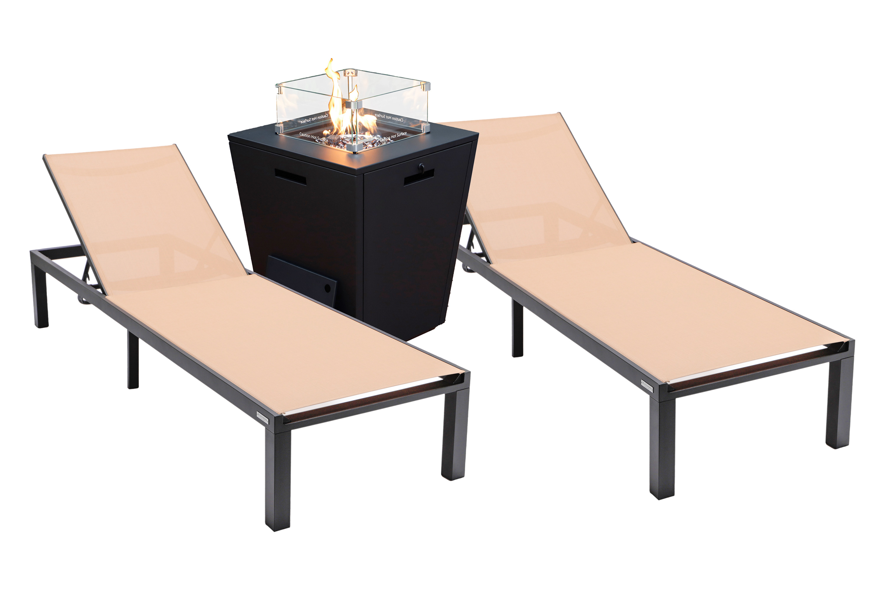 LeisureMod - Marlin Modern Black Aluminum Outdoor Chaise Lounge Chair With Square Fire Pit Side Table Set of 2