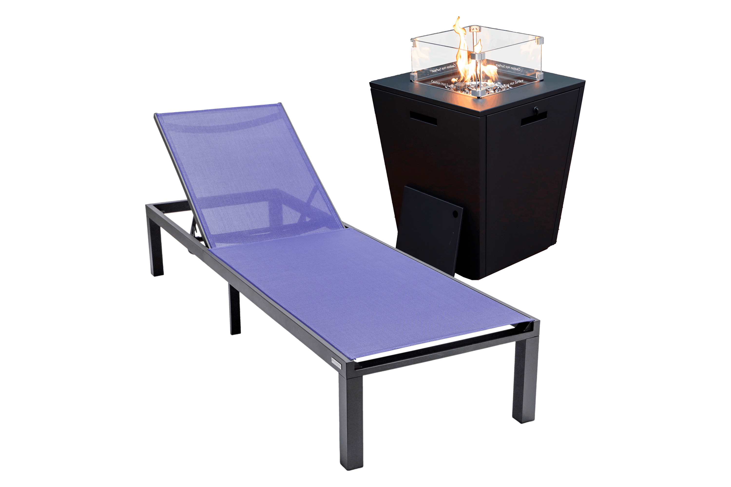 LeisureMod - Marlin Modern Black Aluminum Outdoor Patio Chaise Lounge Chair with Square Fire Pit Side Table