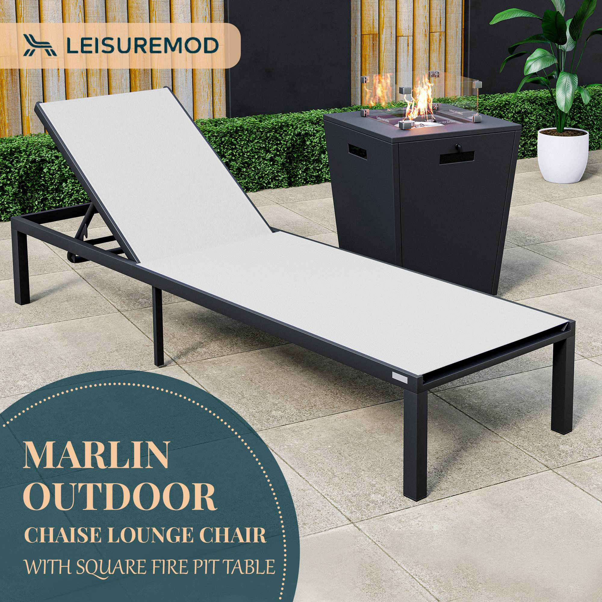 LeisureMod - Marlin Modern Black Aluminum Outdoor Patio Chaise Lounge Chair with Square Fire Pit Side Table