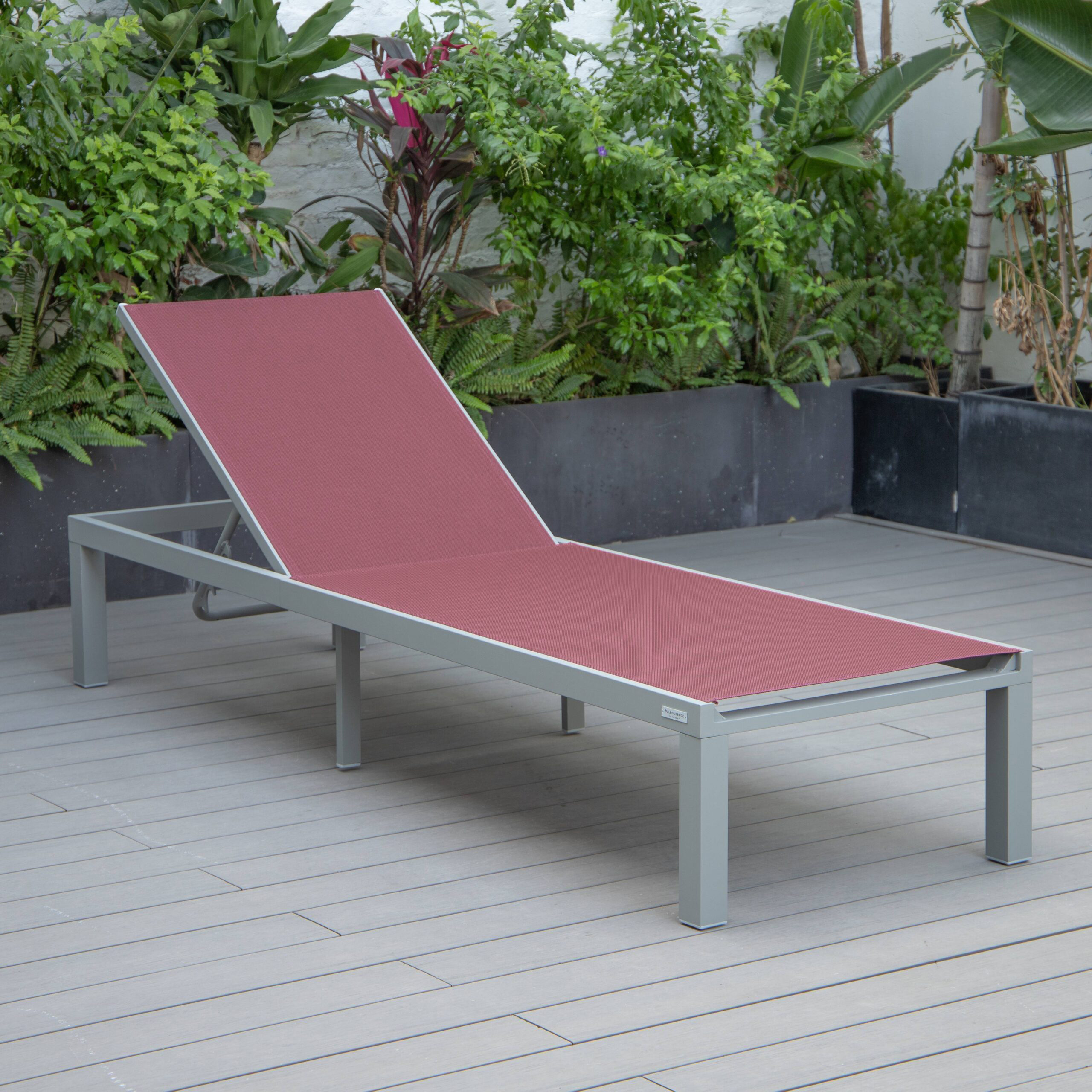 LeisureMod Marlin Patio Chaise Lounge Chair With Gray Aluminum Frame - Burgundy