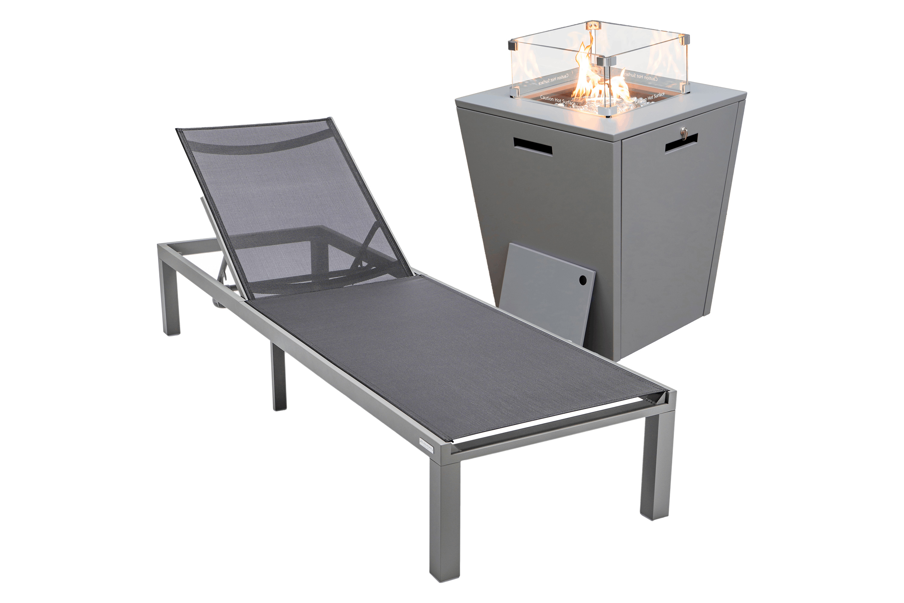 LeisureMod - Marlin Modern Black Aluminum Outdoor Patio Chaise Lounge Chair with Square Fire Pit Side Table