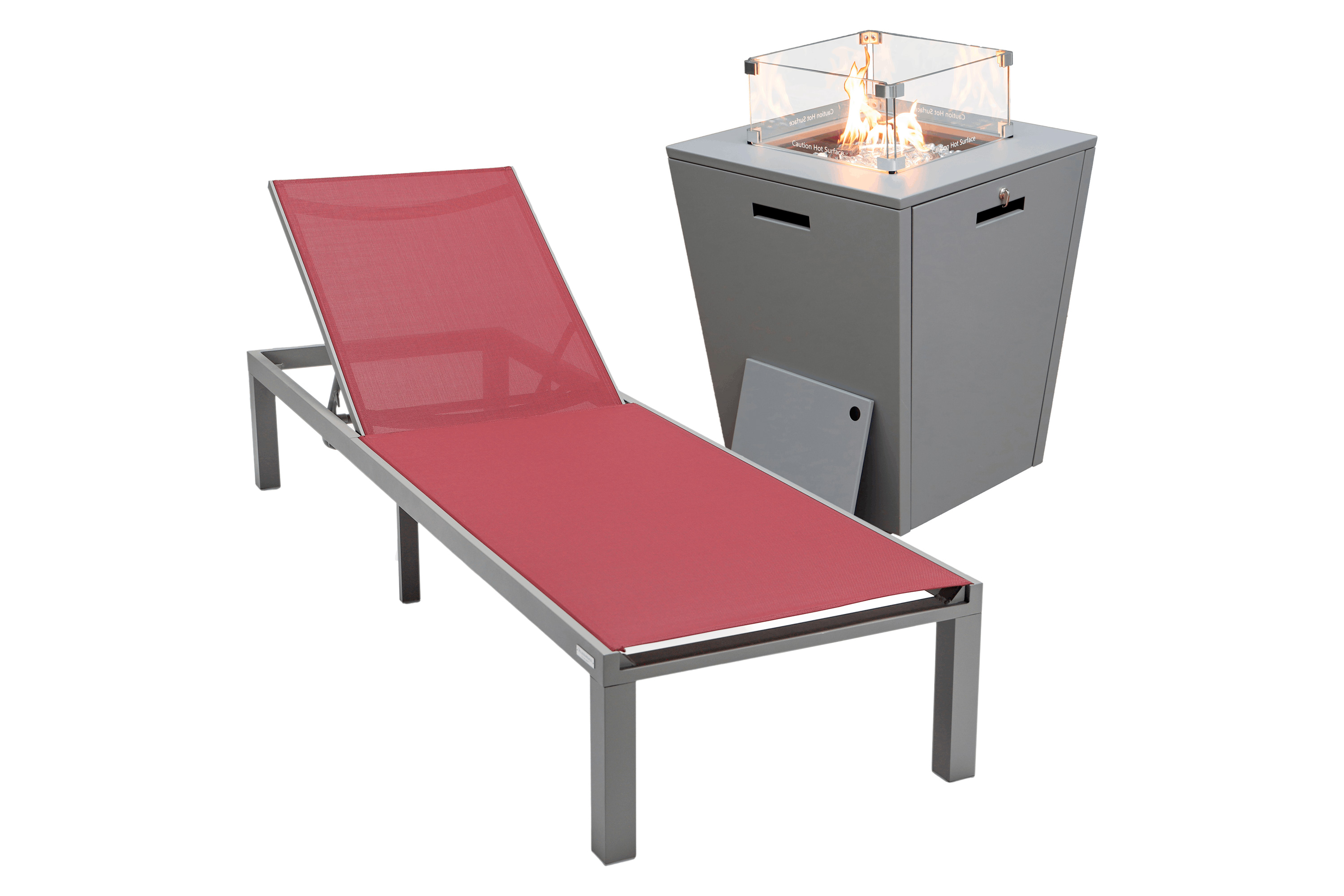 LeisureMod - Marlin Modern Black Aluminum Outdoor Patio Chaise Lounge Chair with Square Fire Pit Side Table