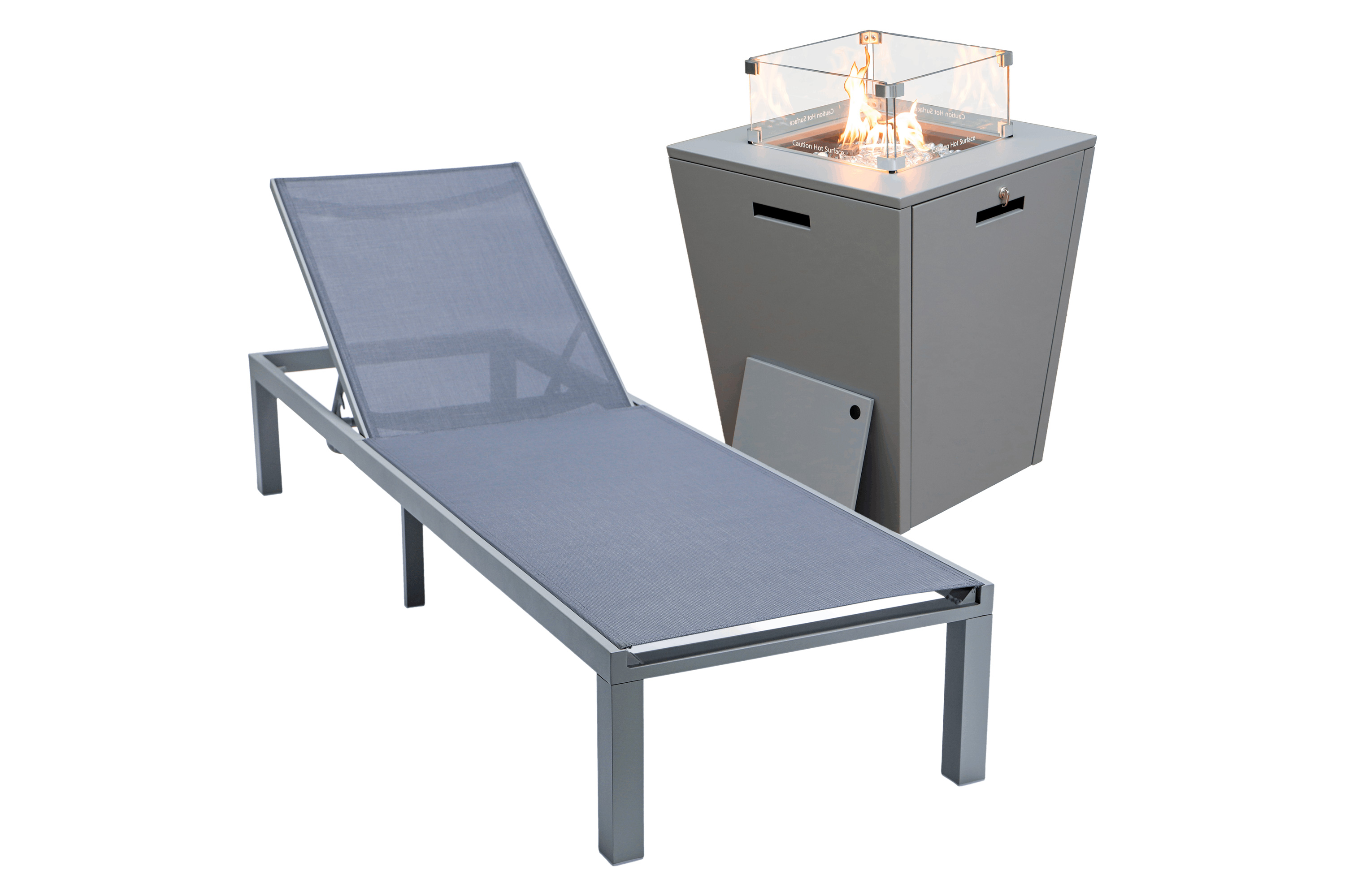 LeisureMod - Marlin Modern Black Aluminum Outdoor Patio Chaise Lounge Chair with Square Fire Pit Side Table