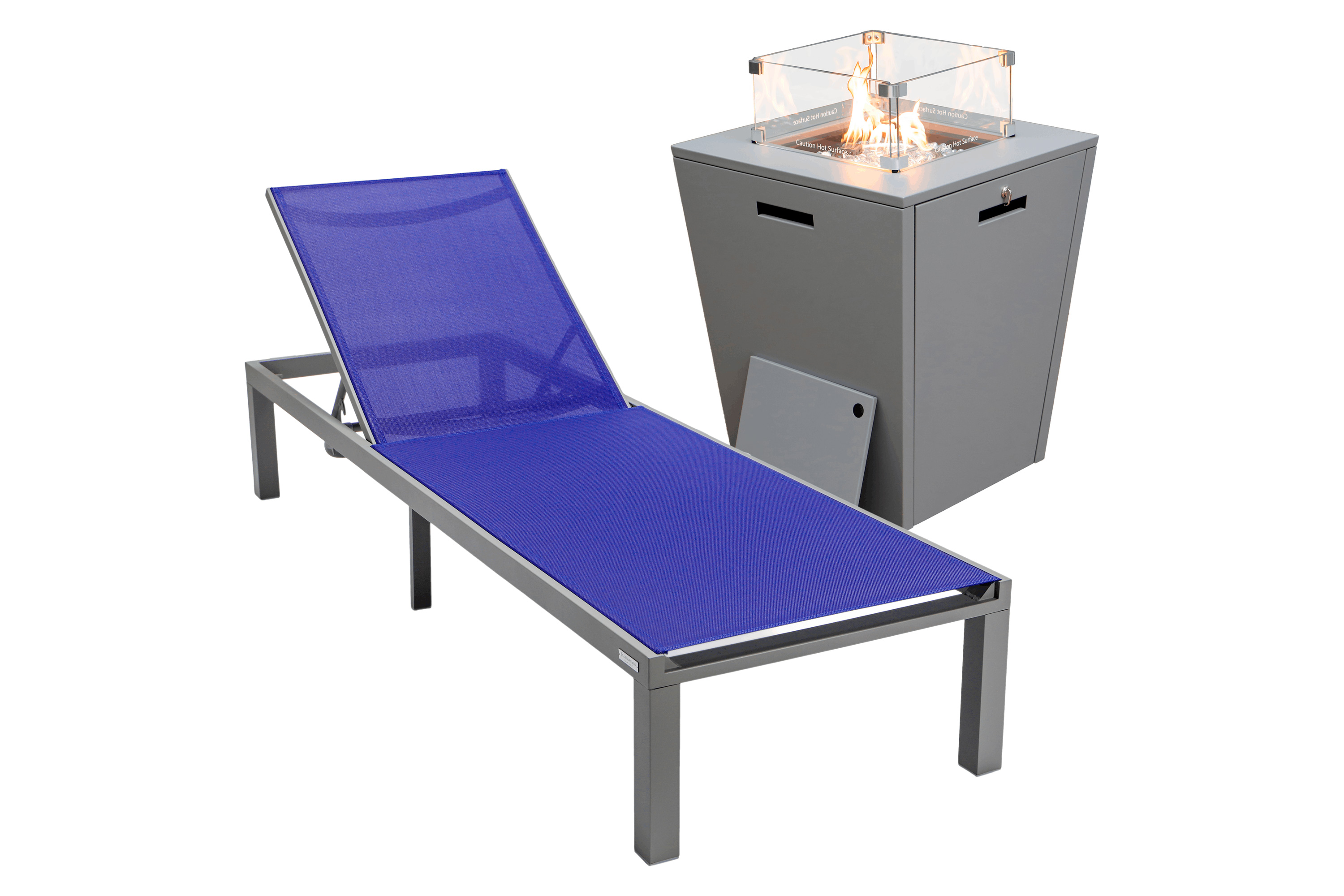 LeisureMod - Marlin Modern Black Aluminum Outdoor Patio Chaise Lounge Chair with Square Fire Pit Side Table