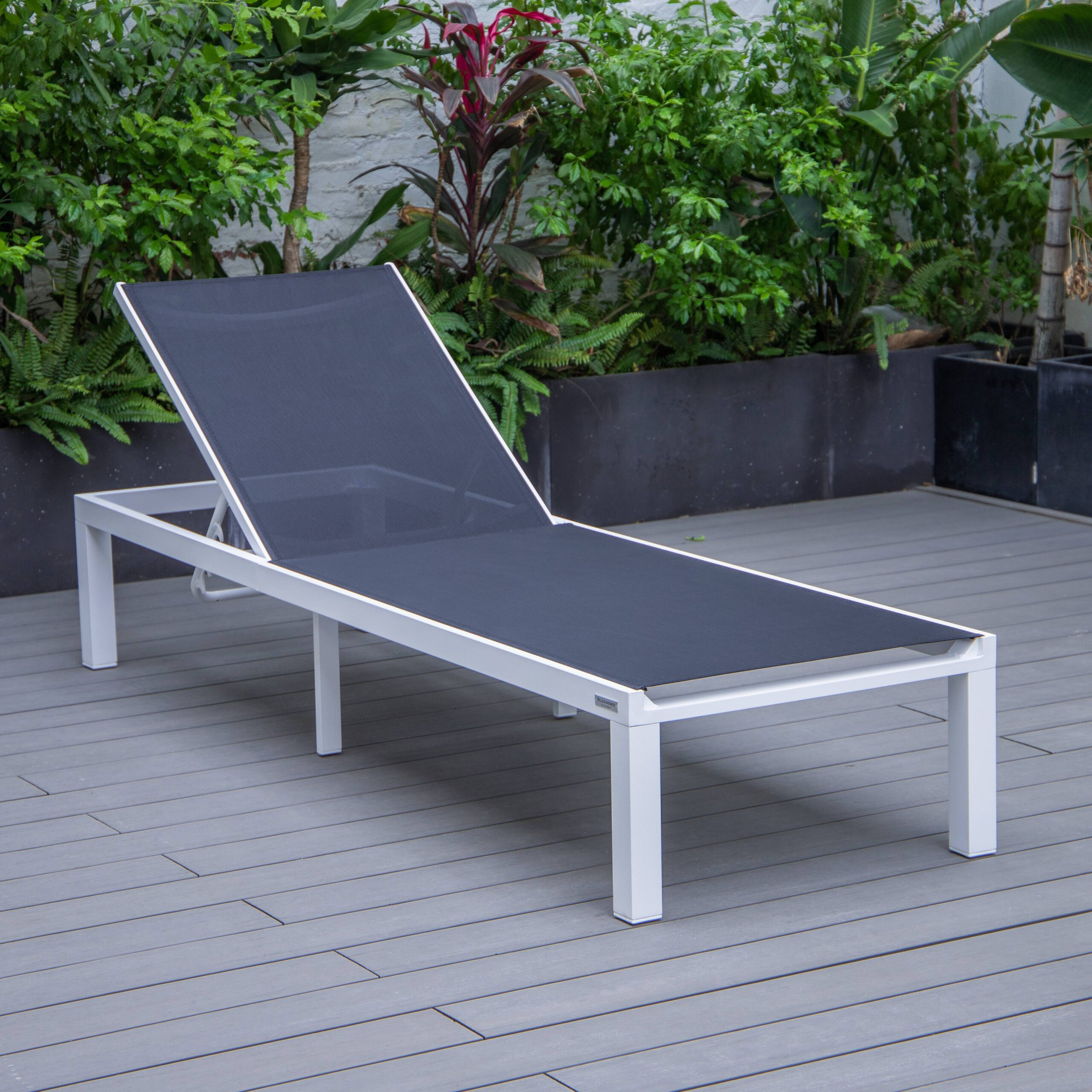 LeisureMod Marlin Patio Chaise Lounge Chair With White Aluminum Frame - Black