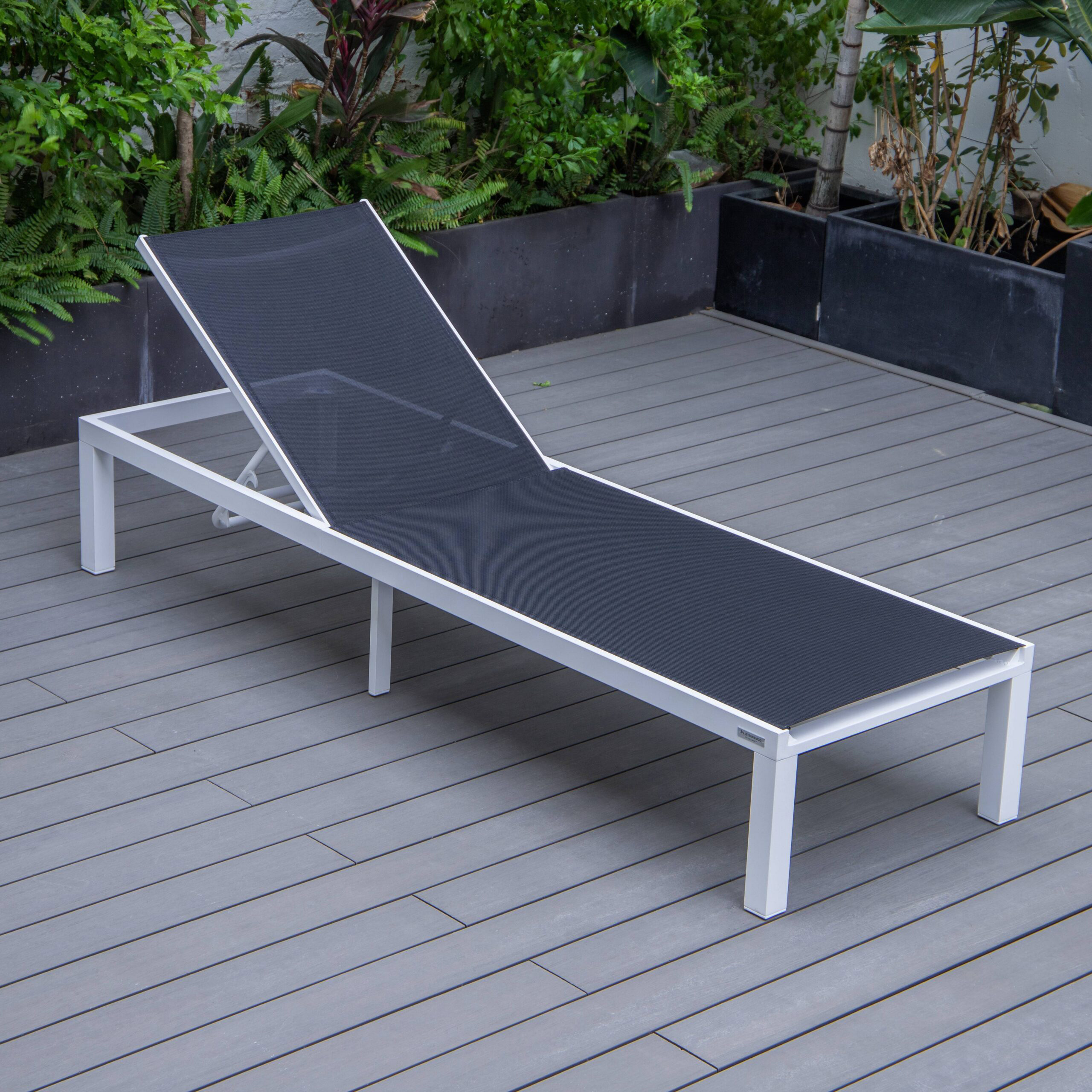LeisureMod Marlin Patio Chaise Lounge Chair With White Aluminum Frame - Black