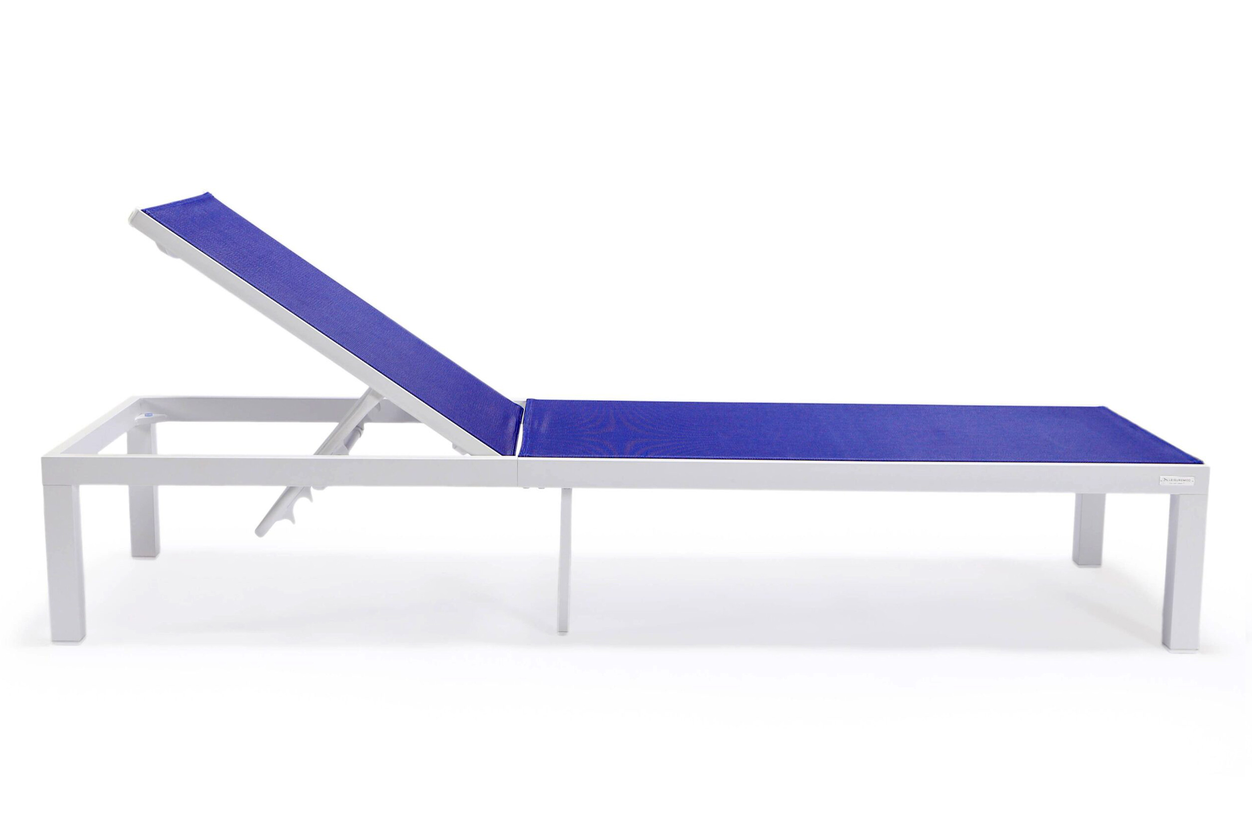 LeisureMod Marlin Patio Chaise Lounge Chair With White Aluminum Frame - Navy Blue