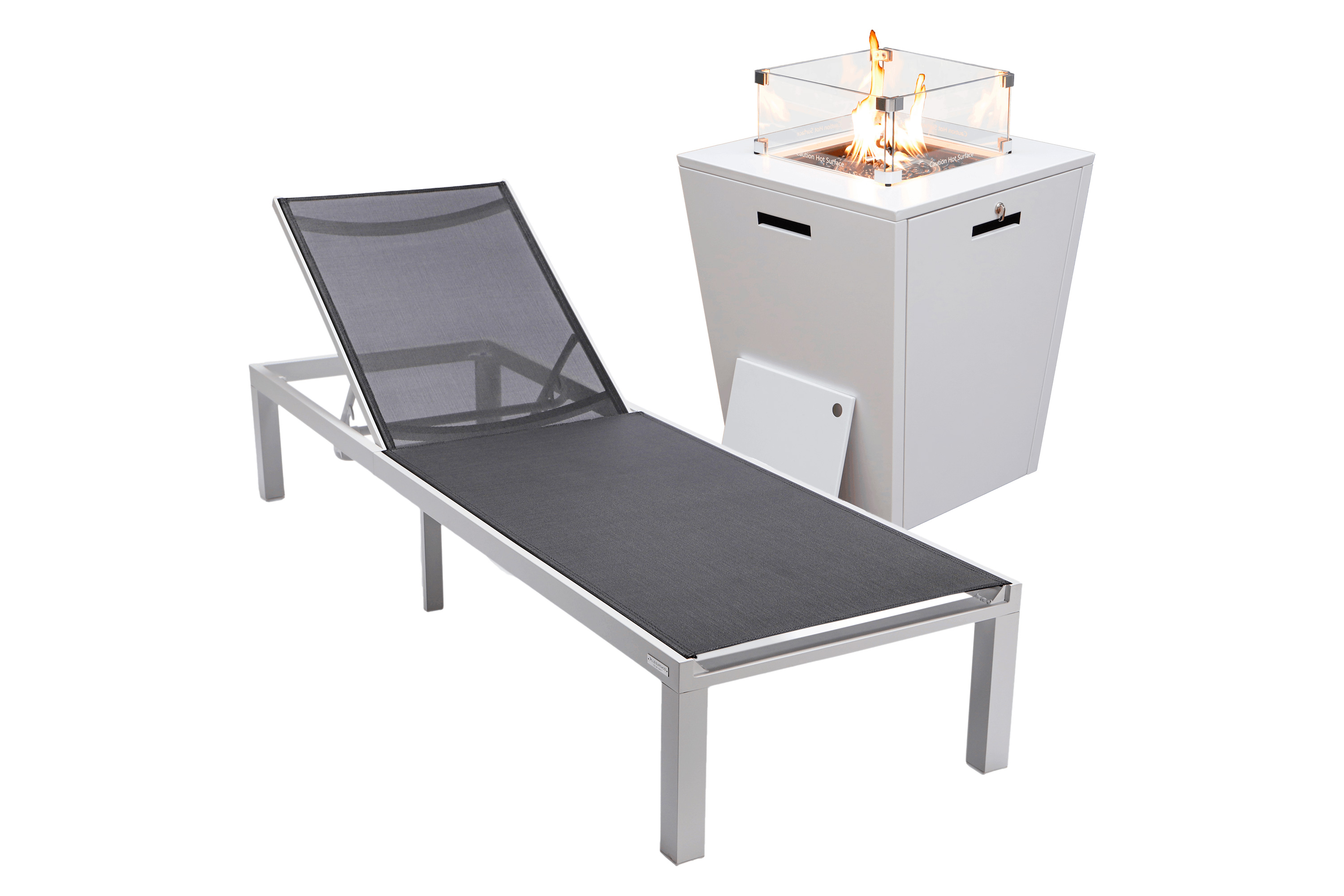 LeisureMod - Marlin Modern Black Aluminum Outdoor Patio Chaise Lounge Chair with Square Fire Pit Side Table