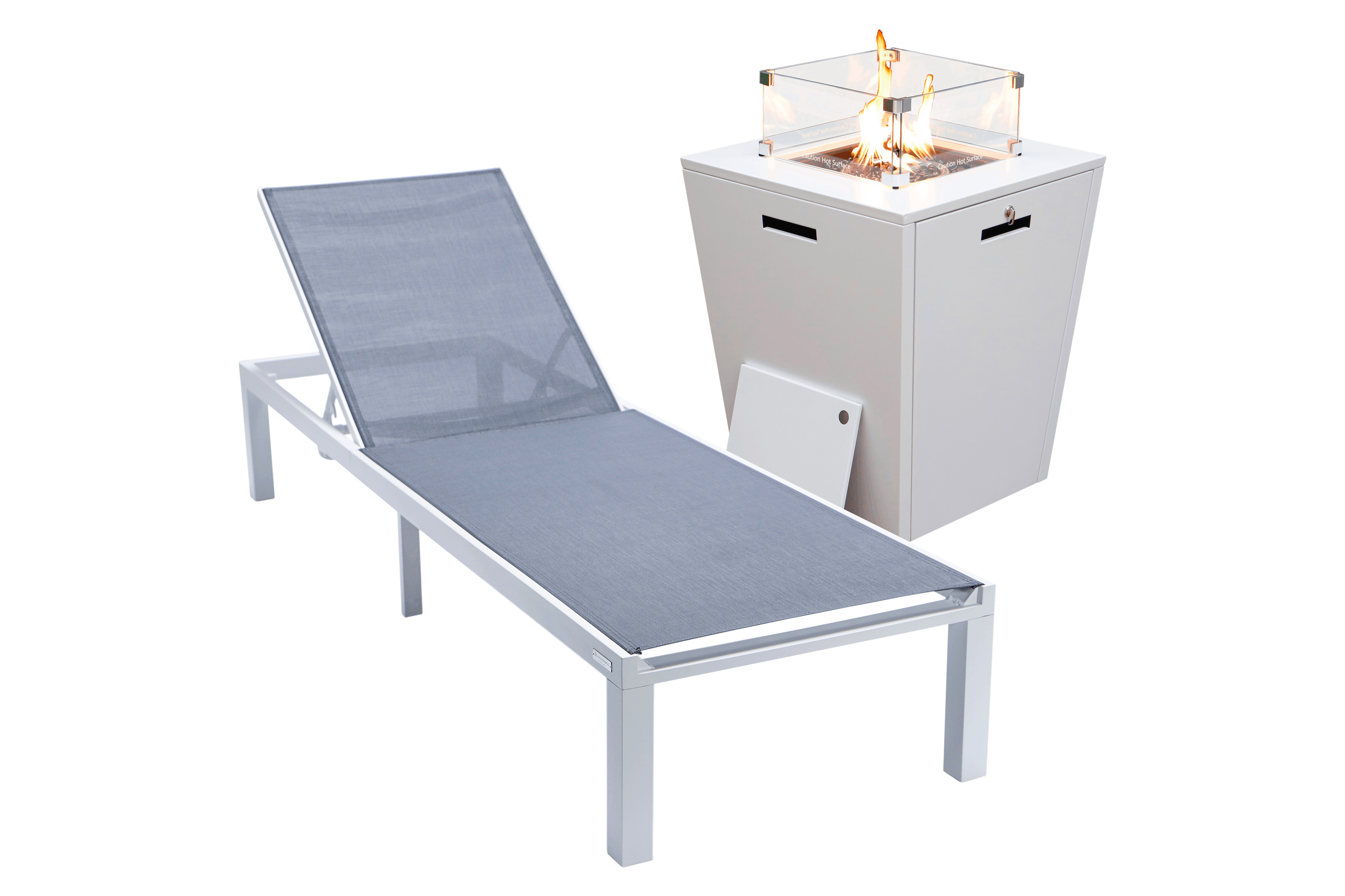 LeisureMod - Marlin Modern Black Aluminum Outdoor Patio Chaise Lounge Chair with Square Fire Pit Side Table