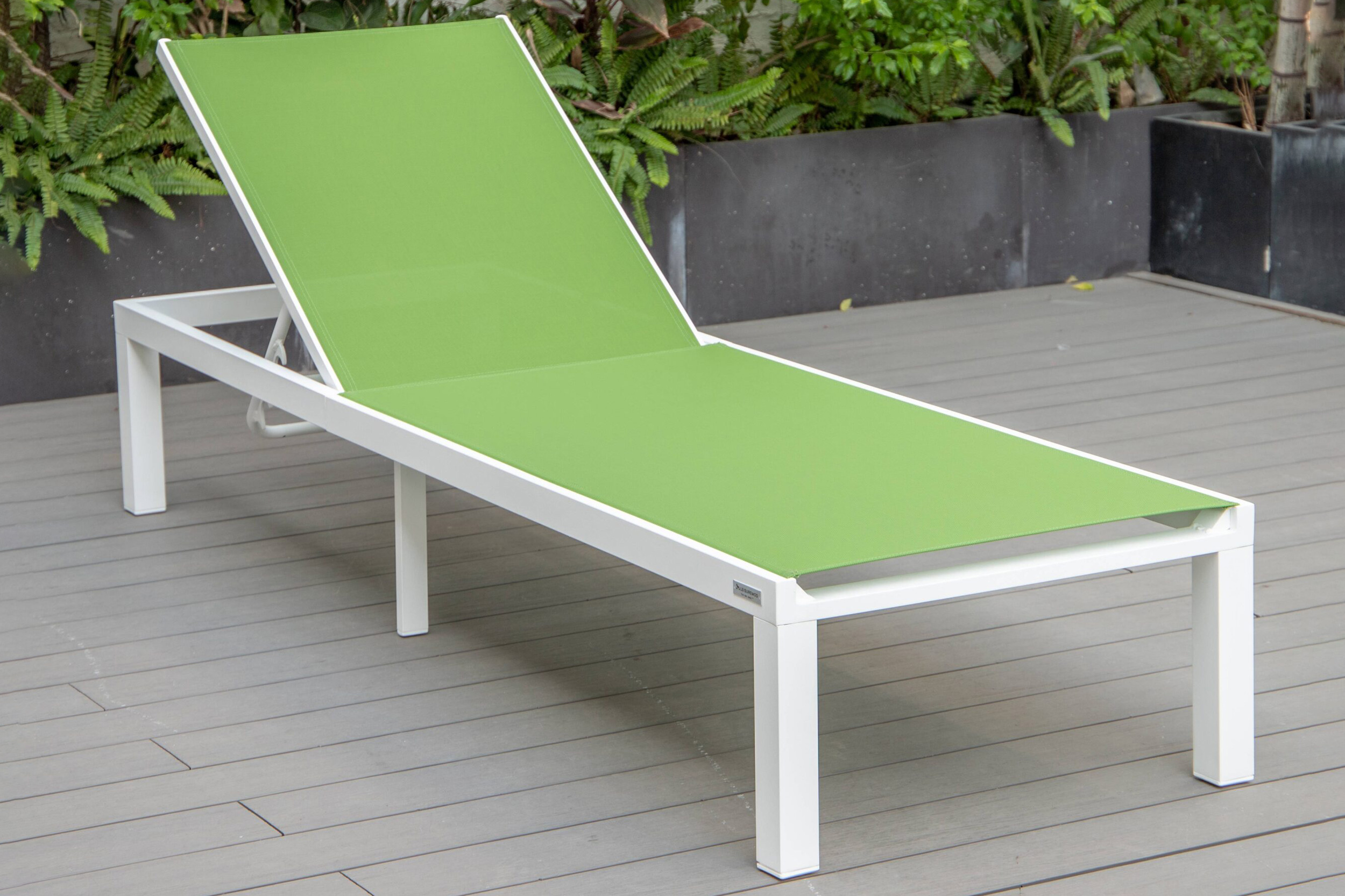 LeisureMod Marlin Modern White Aluminum Outdoor Patio Chaise Lounge Chair with Square Fire Pit Side Table - Green