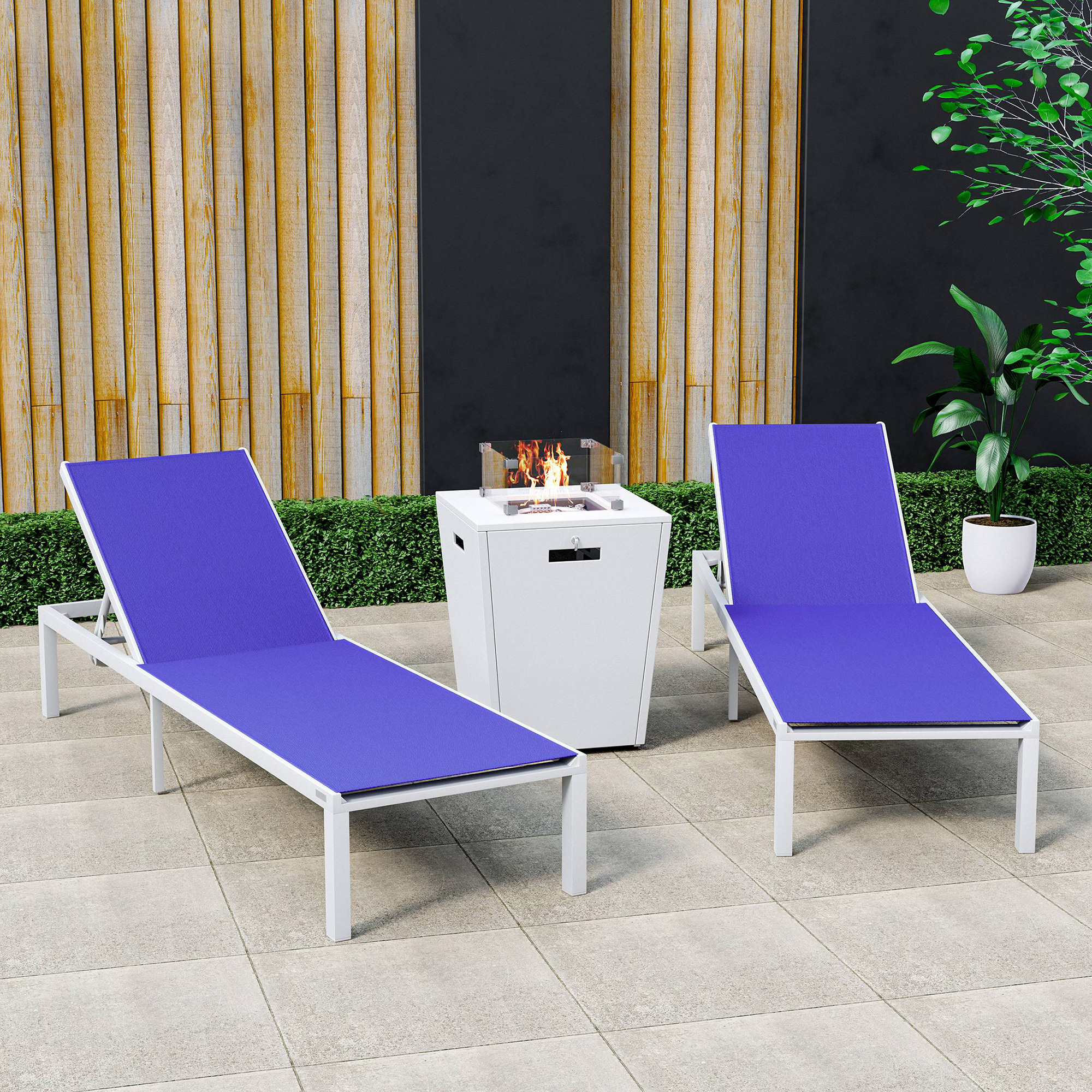LeisureMod Marlin Modern White Aluminum Outdoor Chaise Lounge Chair With Square Fire Pit Side Table Set of 2 - Navy Blue