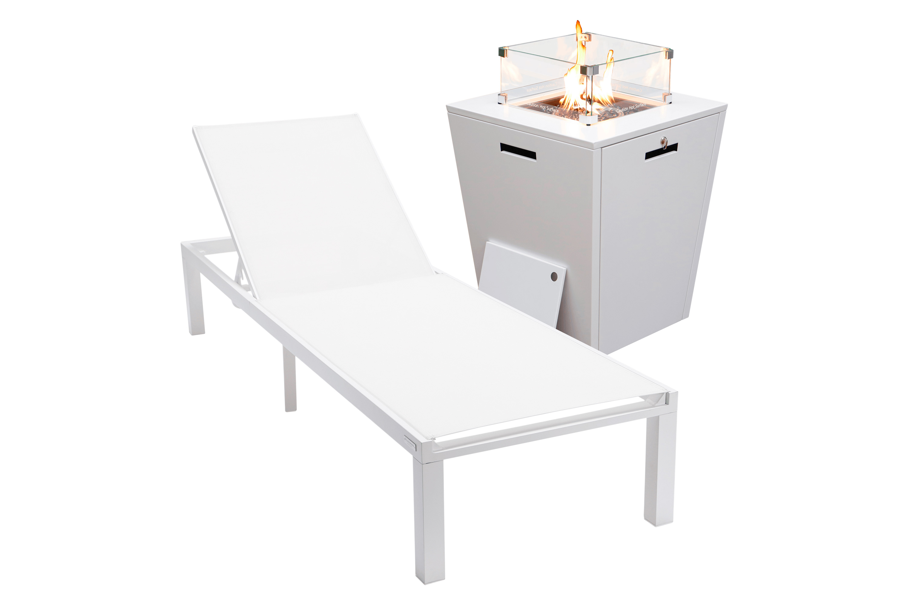LeisureMod - Marlin Modern Black Aluminum Outdoor Patio Chaise Lounge Chair with Square Fire Pit Side Table