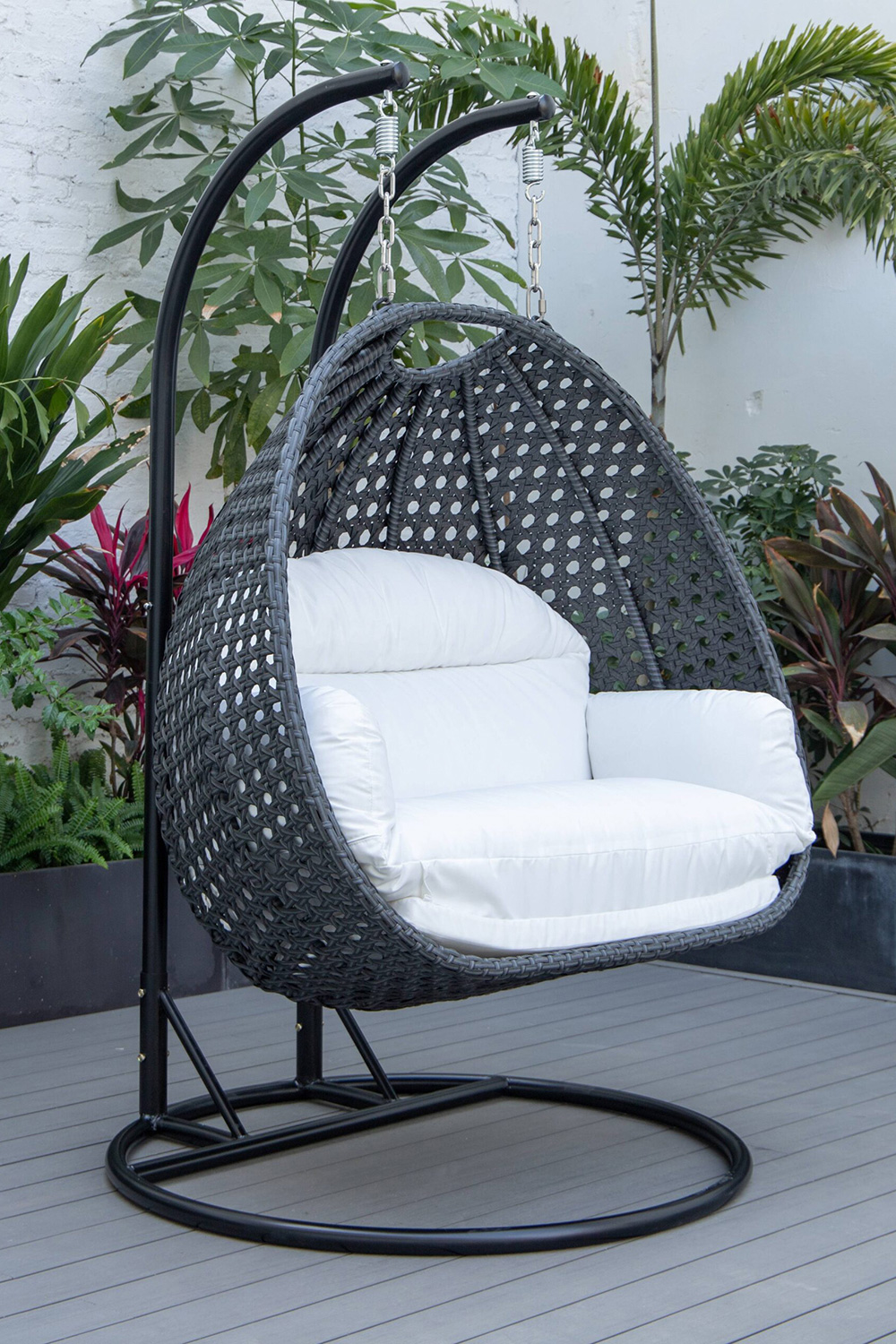 LeisureMod Mendoza Charcoal Wicker Hanging 2 Person Egg Swing Chair - White