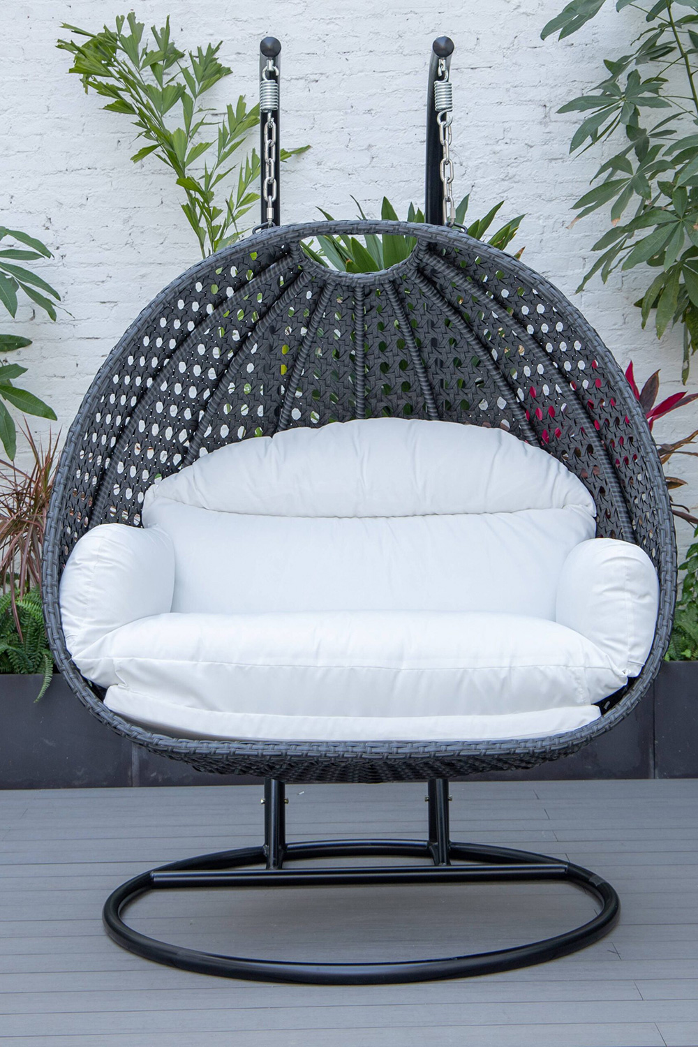 LeisureMod Mendoza Charcoal Wicker Hanging 2 Person Egg Swing Chair - White