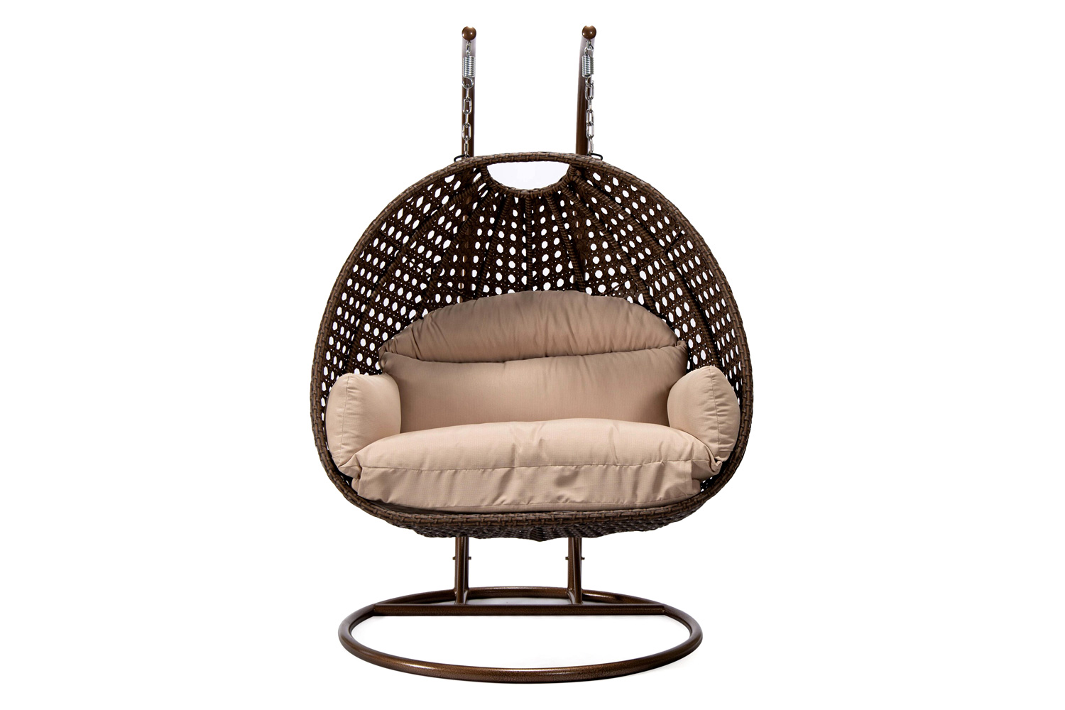 LeisureMod Mendoza Dark Brown Wicker Hanging 2 Person Egg Swing Chair - Beige
