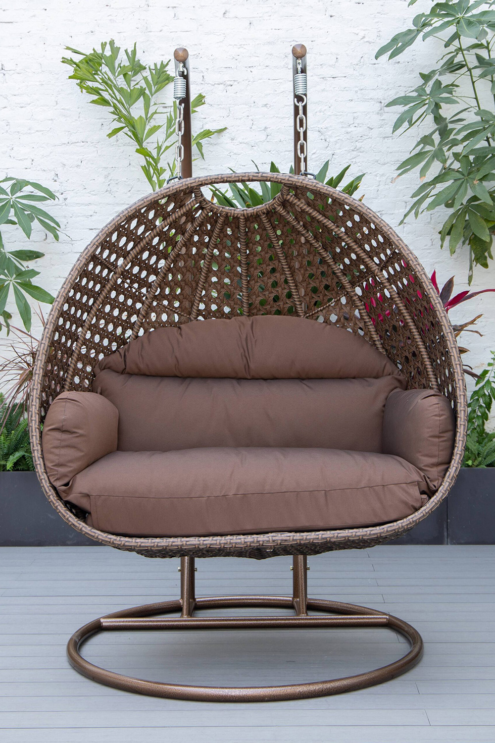 LeisureMod Mendoza Dark Brown Wicker Hanging 2 Person Egg Swing Chair - Brown