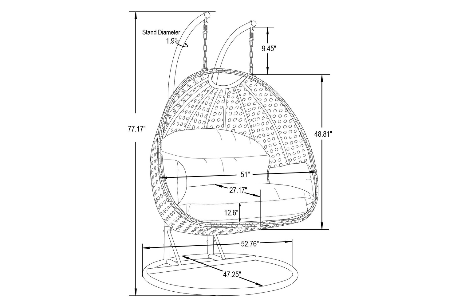 LeisureMod Mendoza Dark Brown Wicker Hanging 2 Person Egg Swing Chair - Dark Gray