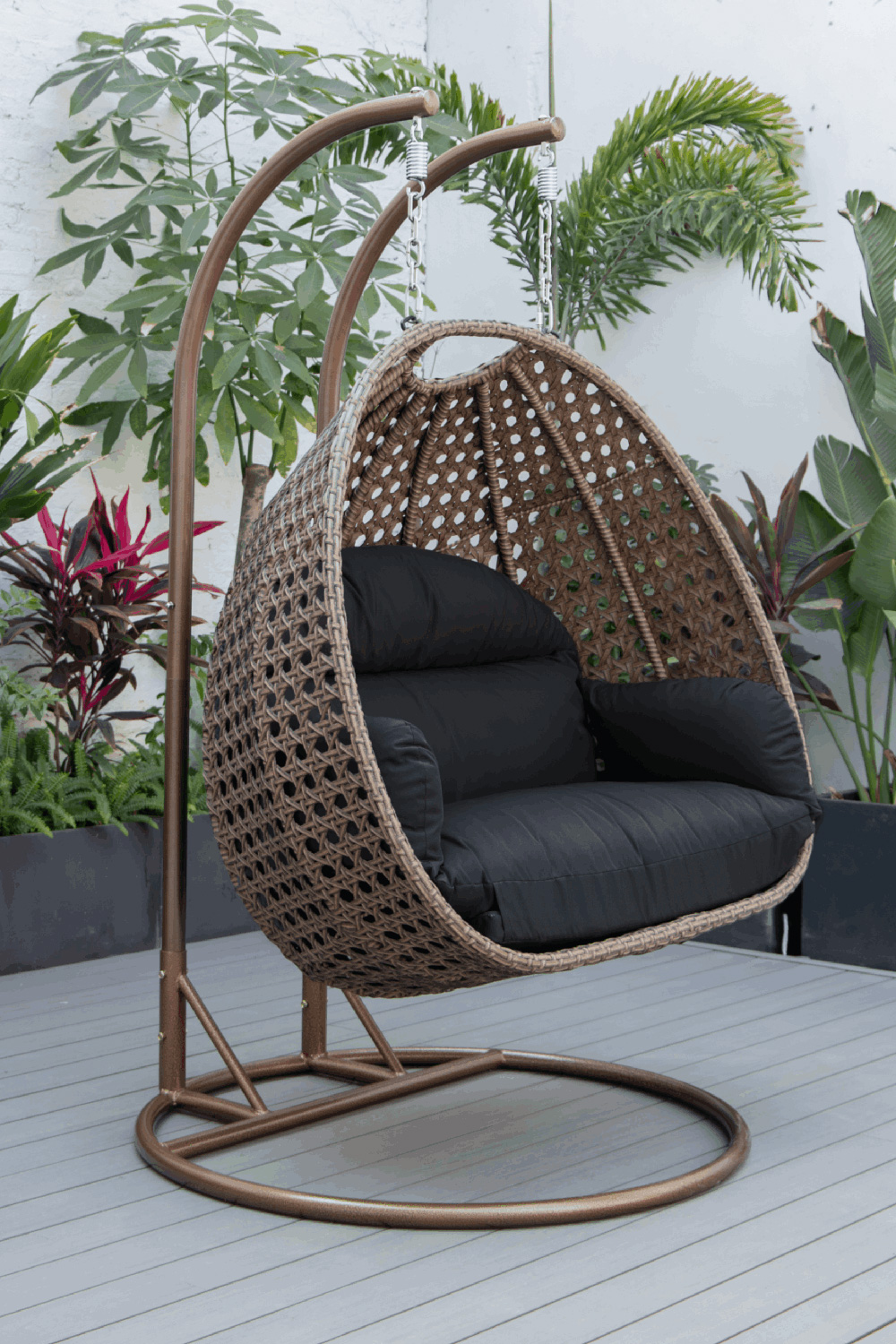 LeisureMod Mendoza Dark Brown Wicker Hanging 2 Person Egg Swing Chair - Dark Gray