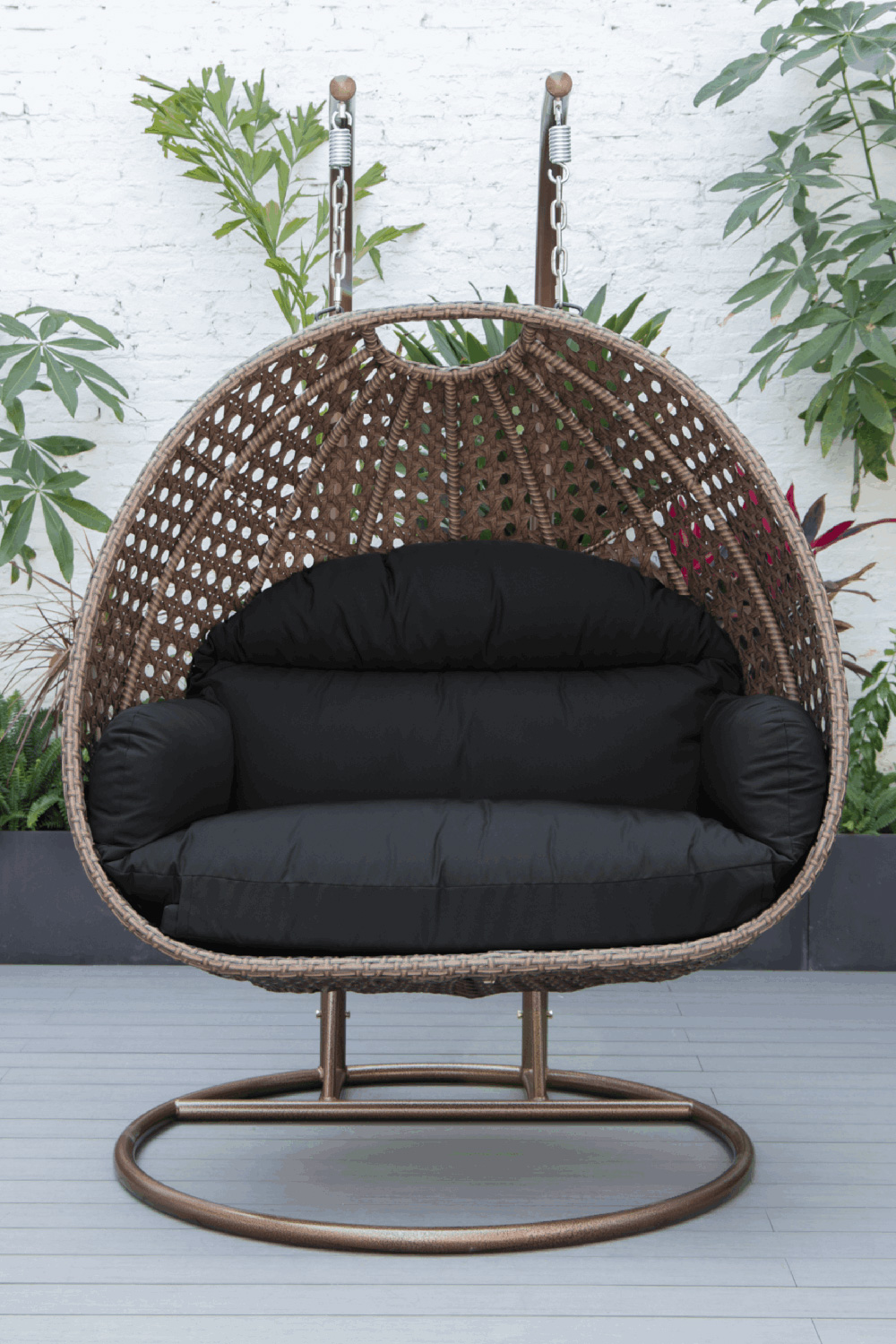 LeisureMod Mendoza Dark Brown Wicker Hanging 2 Person Egg Swing Chair - Dark Gray