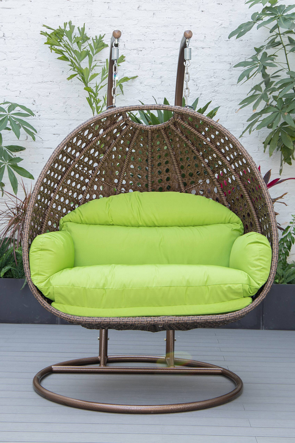 LeisureMod Mendoza Dark Brown Wicker Hanging 2 Person Egg Swing Chair - Light Green