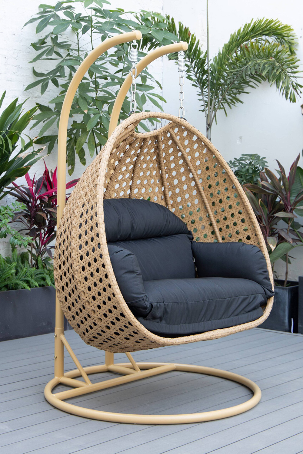 LeisureMod Mendoza Light Brown Wicker Hanging 2 Person Egg Swing Chair - Black