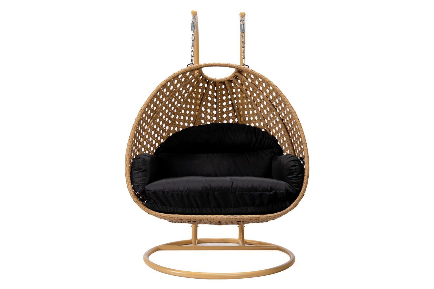 LeisureMod Mendoza Light Brown Wicker Hanging 2 Person Egg Swing Chair - Black