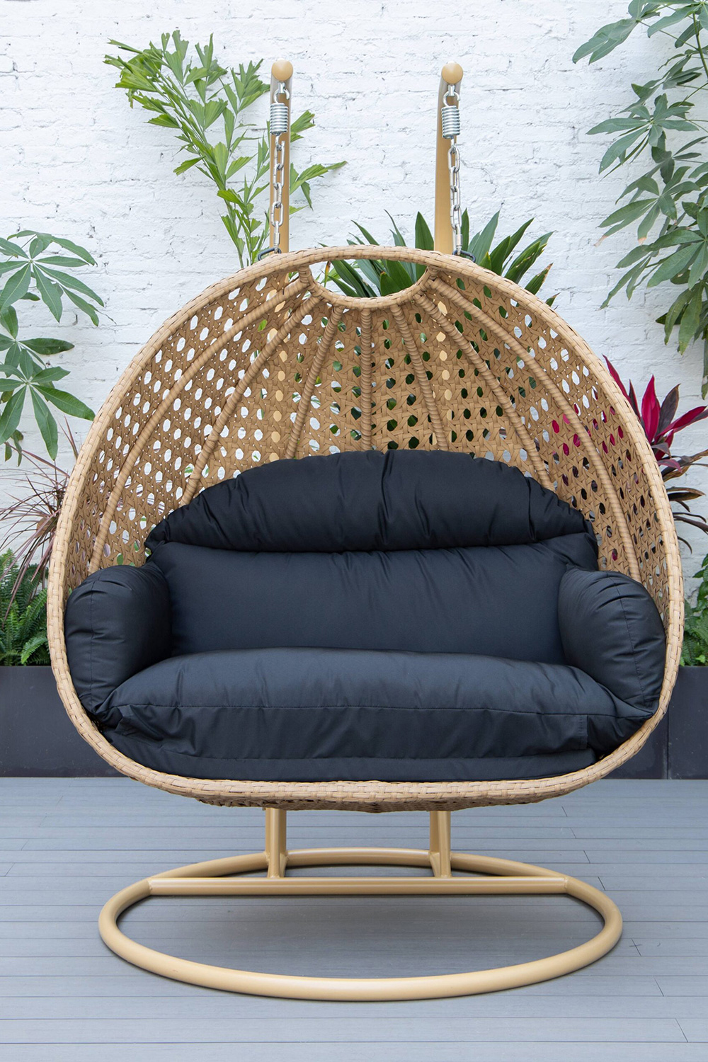 LeisureMod Mendoza Light Brown Wicker Hanging 2 Person Egg Swing Chair - Black
