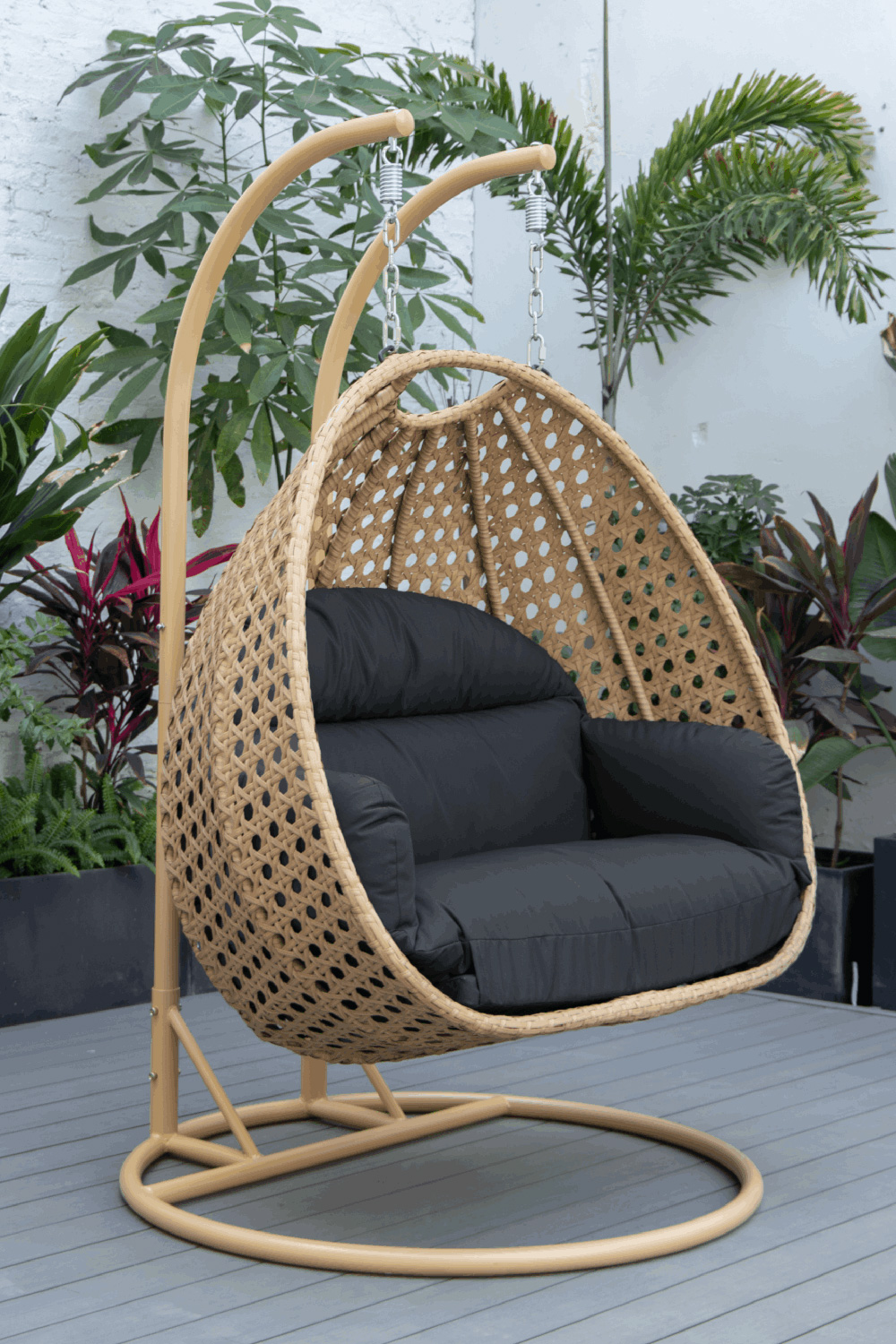 LeisureMod Mendoza Light Brown Wicker Hanging 2 Person Egg Swing Chair - Dark Gray