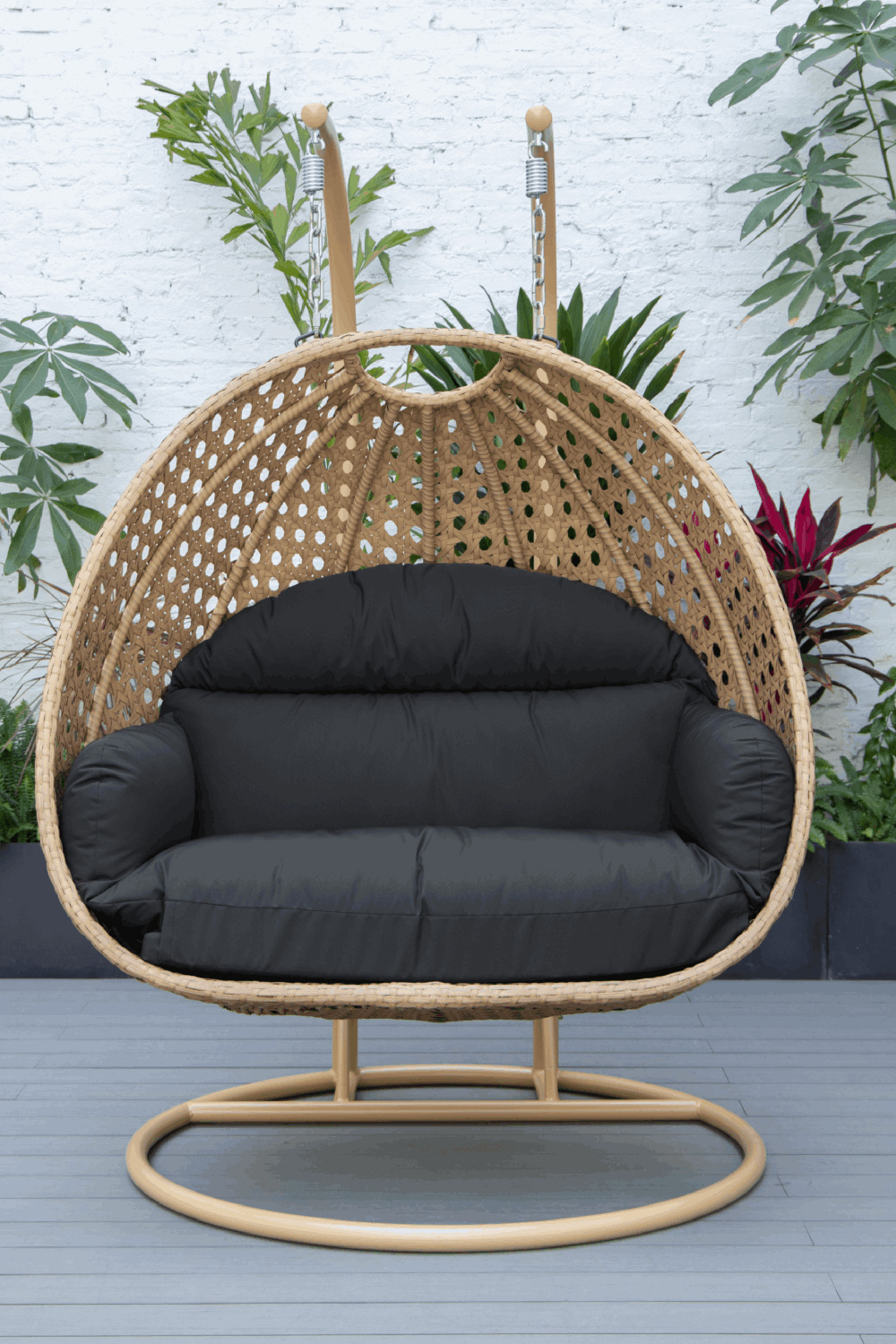 LeisureMod Mendoza Light Brown Wicker Hanging 2 Person Egg Swing Chair - Dark Gray