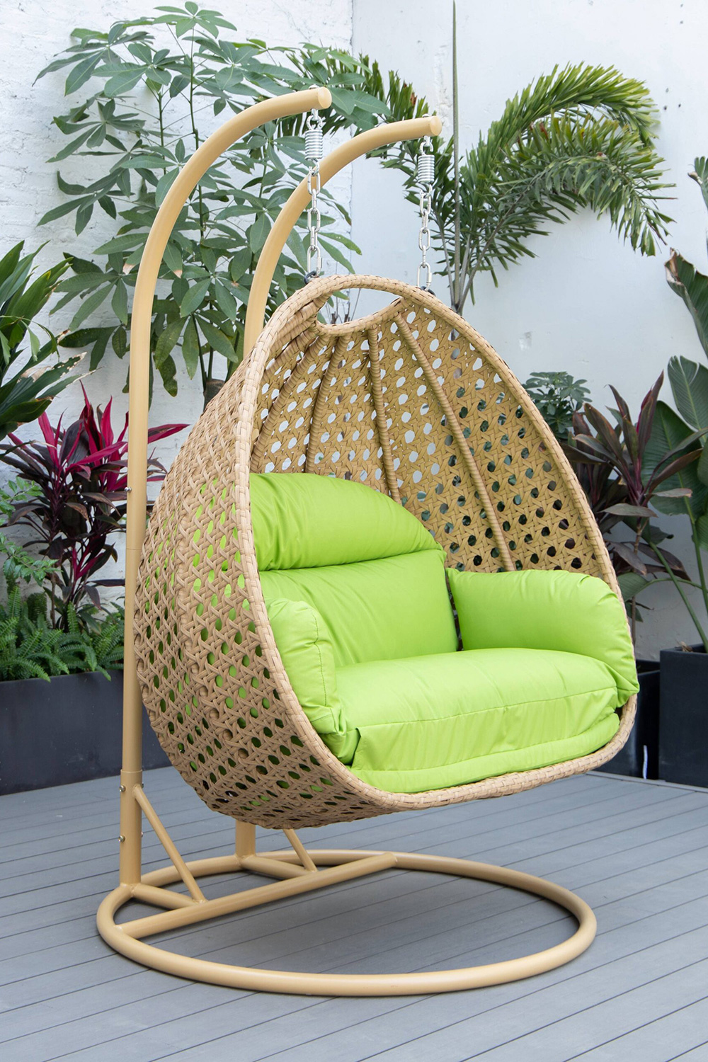 LeisureMod Mendoza Light Brown Wicker Hanging 2 Person Egg Swing Chair - Light Green