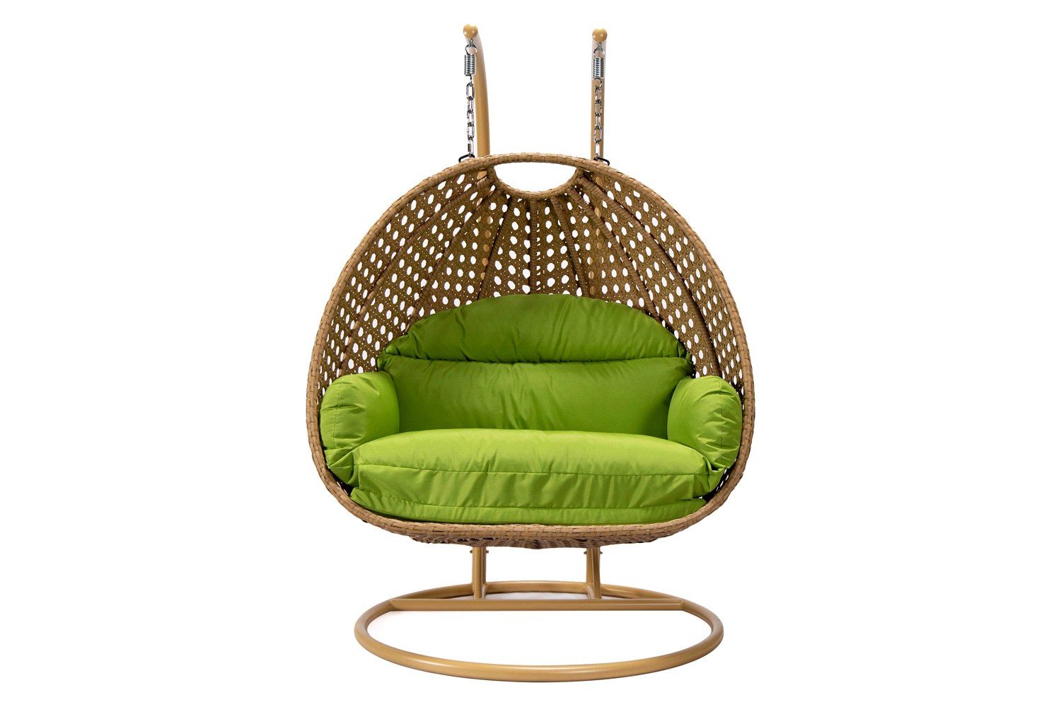 LeisureMod Mendoza Light Brown Wicker Hanging 2 Person Egg Swing Chair - Light Green