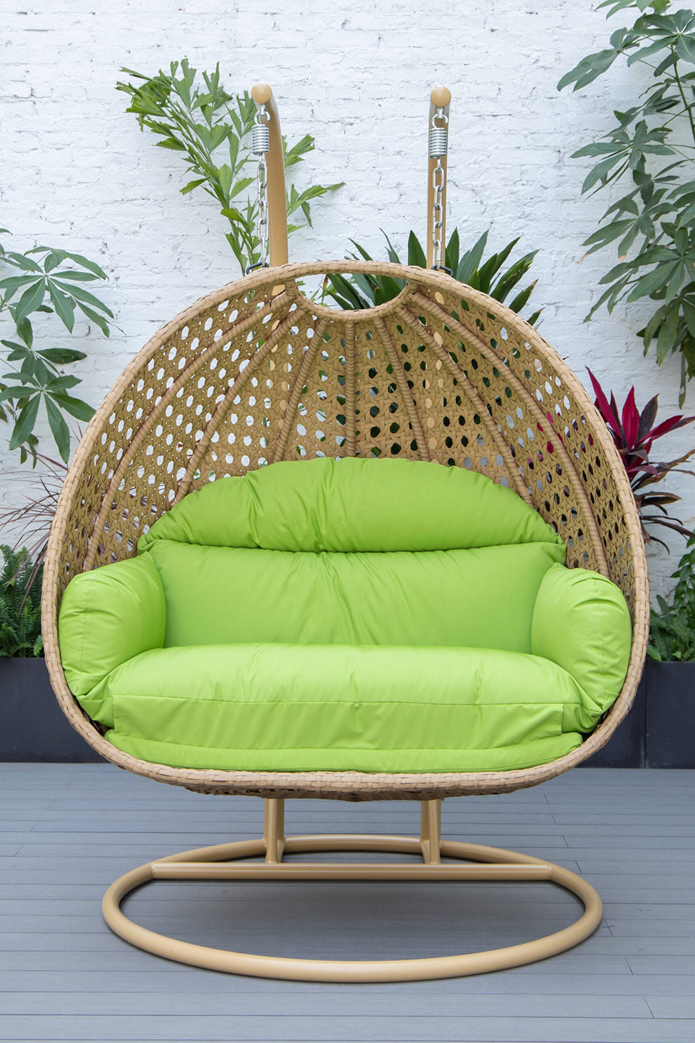 LeisureMod Mendoza Light Brown Wicker Hanging 2 Person Egg Swing Chair - Light Green