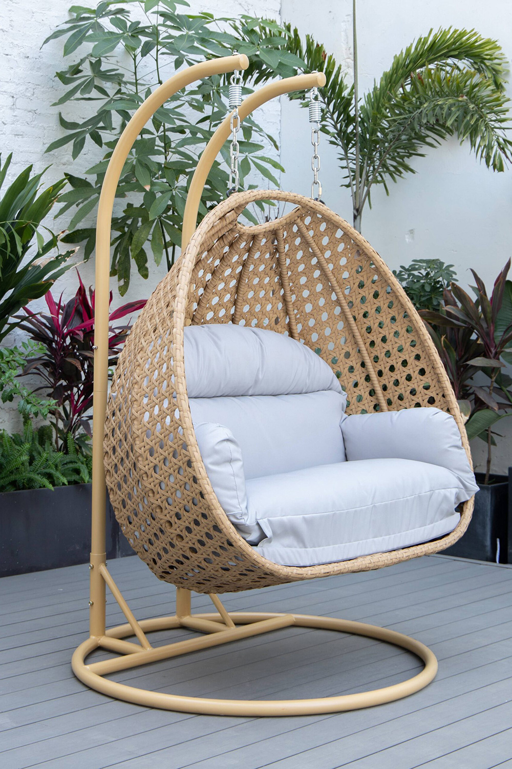 LeisureMod Mendoza Light Brown Wicker Hanging 2 Person Egg Swing Chair - Light Gray