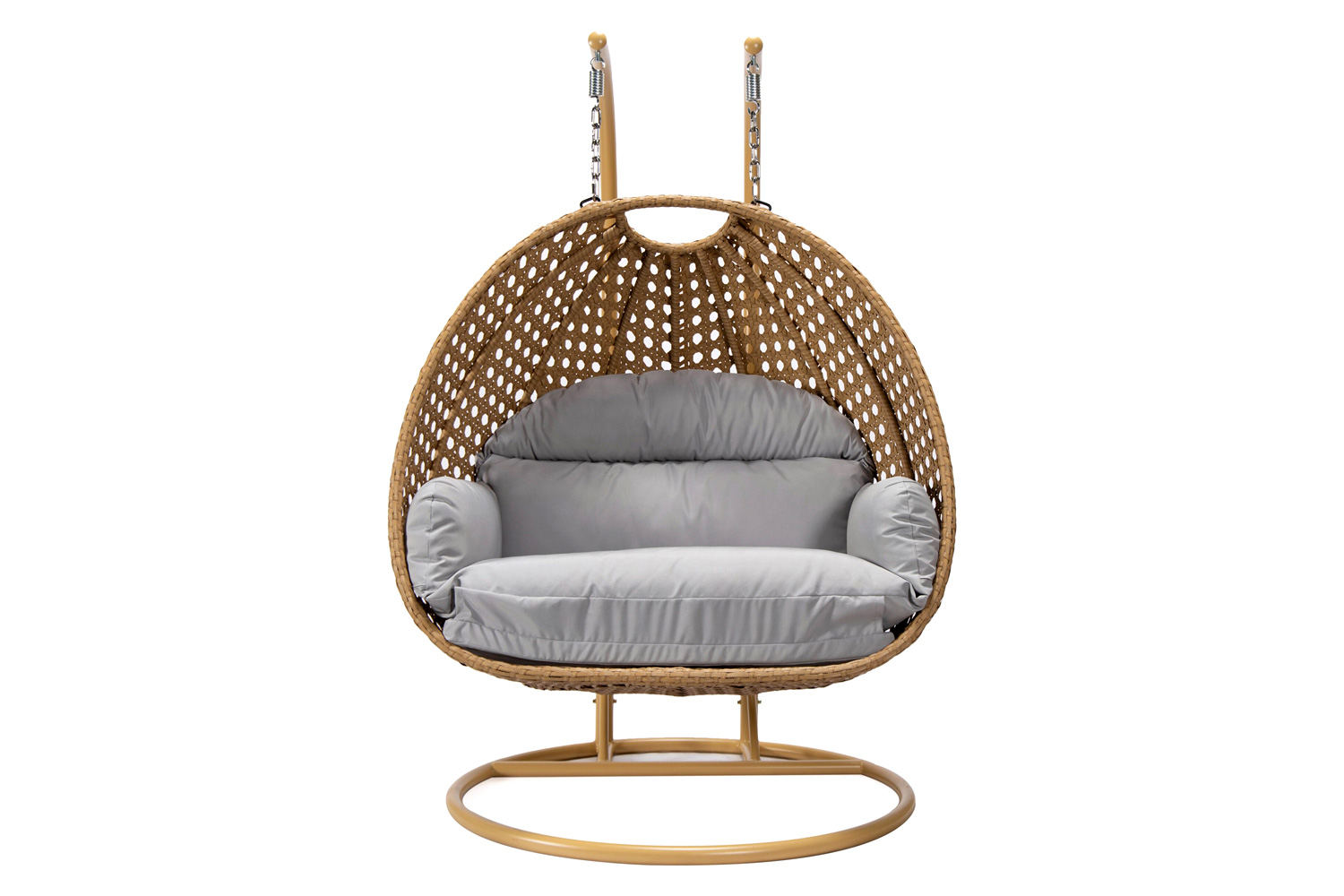 LeisureMod Mendoza Light Brown Wicker Hanging 2 Person Egg Swing Chair - Light Gray