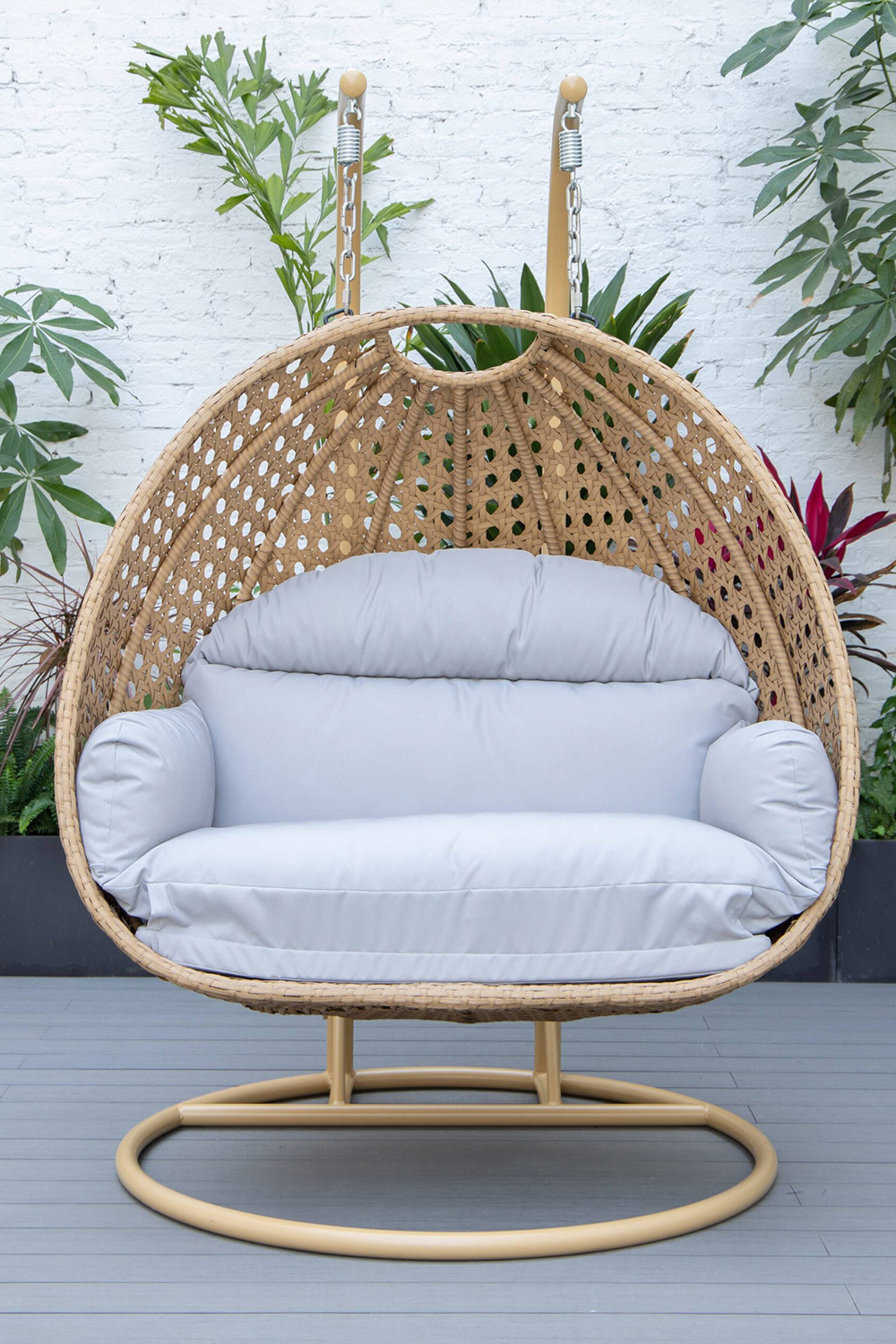 LeisureMod Mendoza Light Brown Wicker Hanging 2 Person Egg Swing Chair - Light Gray