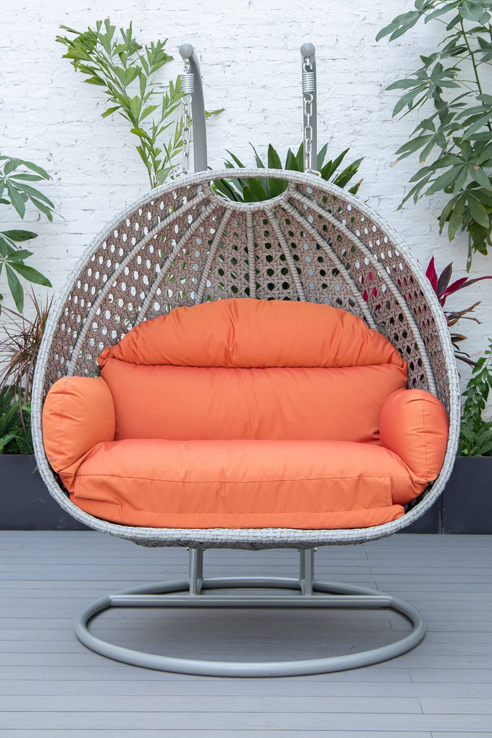 LeisureMod Mendoza Light Gray Wicker Hanging 2 Person Egg Swing Chair with Cushions - Orange