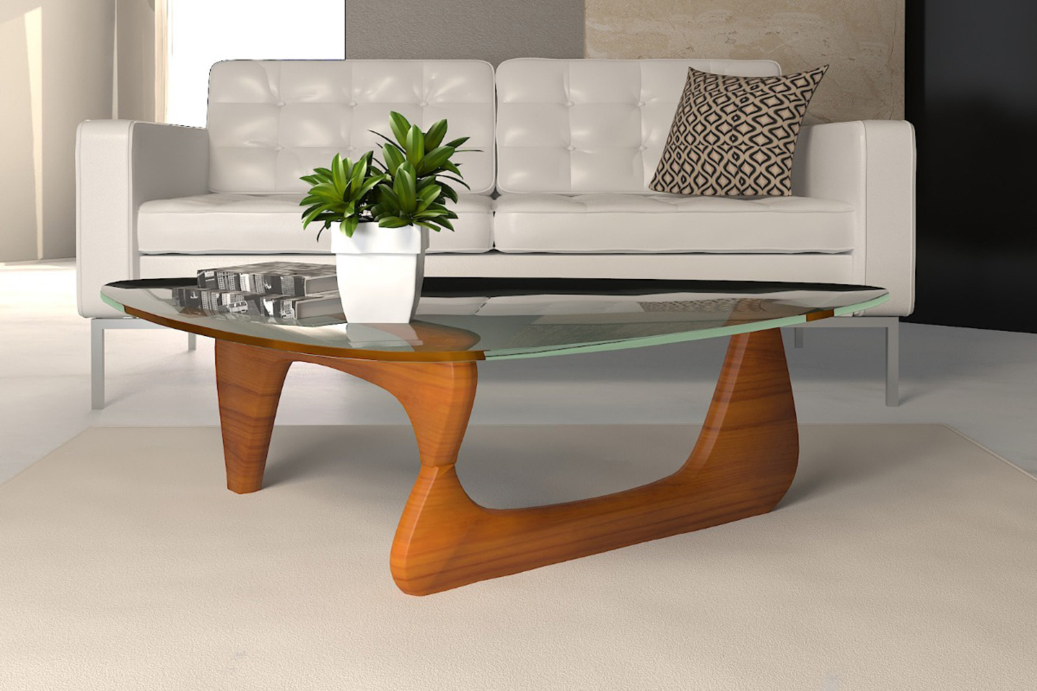 LeisureMod Imperial Modern Glass Top Triangle Coffee Table - Light Walnut