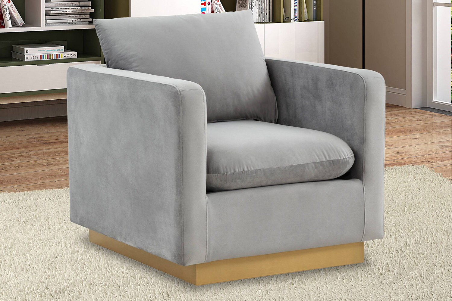 LeisureMod Nervo Modern Mid-Century Upholstered Velvet Accent Chair with Gold Base - Light Gray