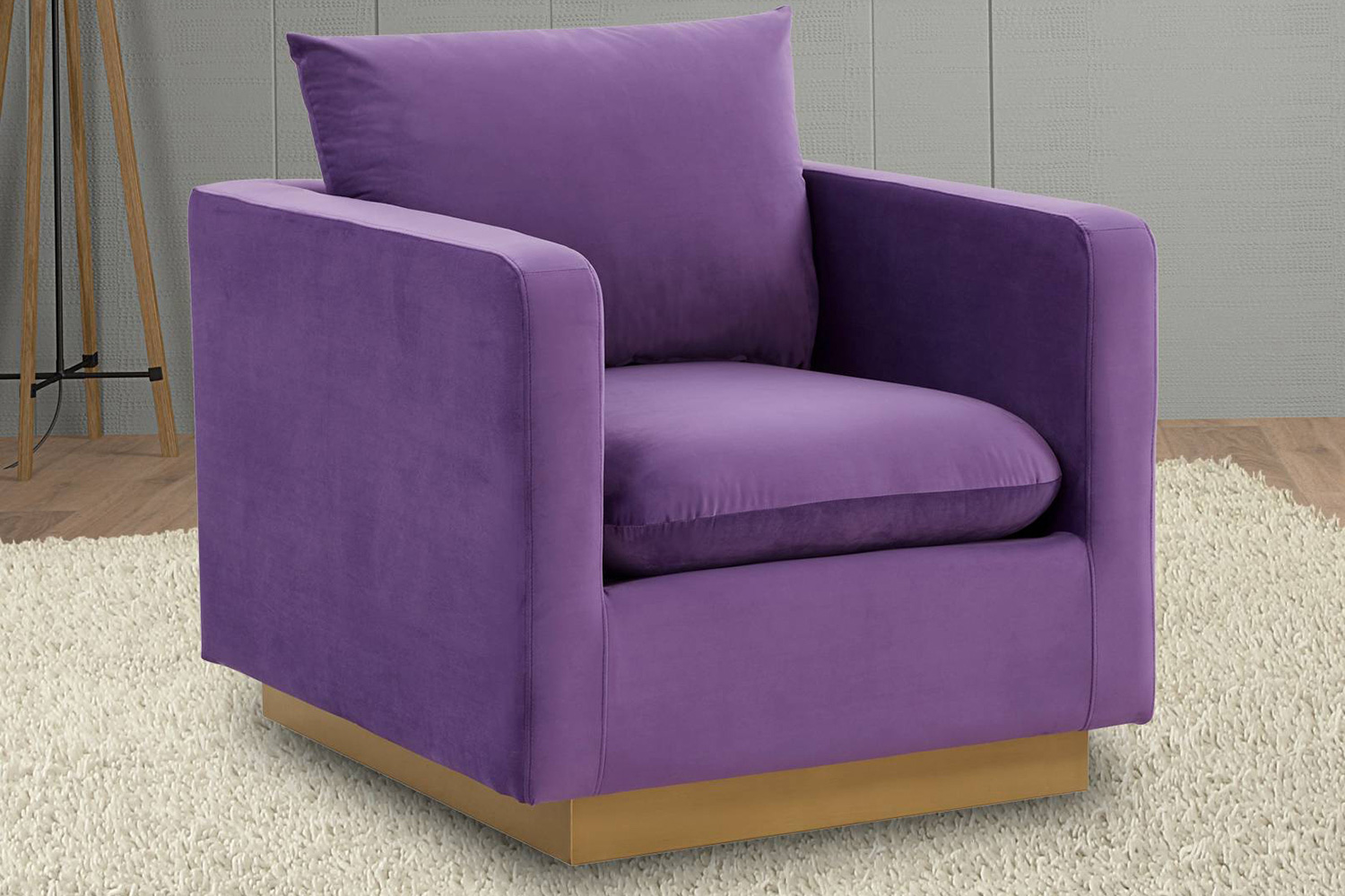 LeisureMod Nervo Modern Mid-Century Upholstered Velvet Accent Chair with Gold Base - Purple