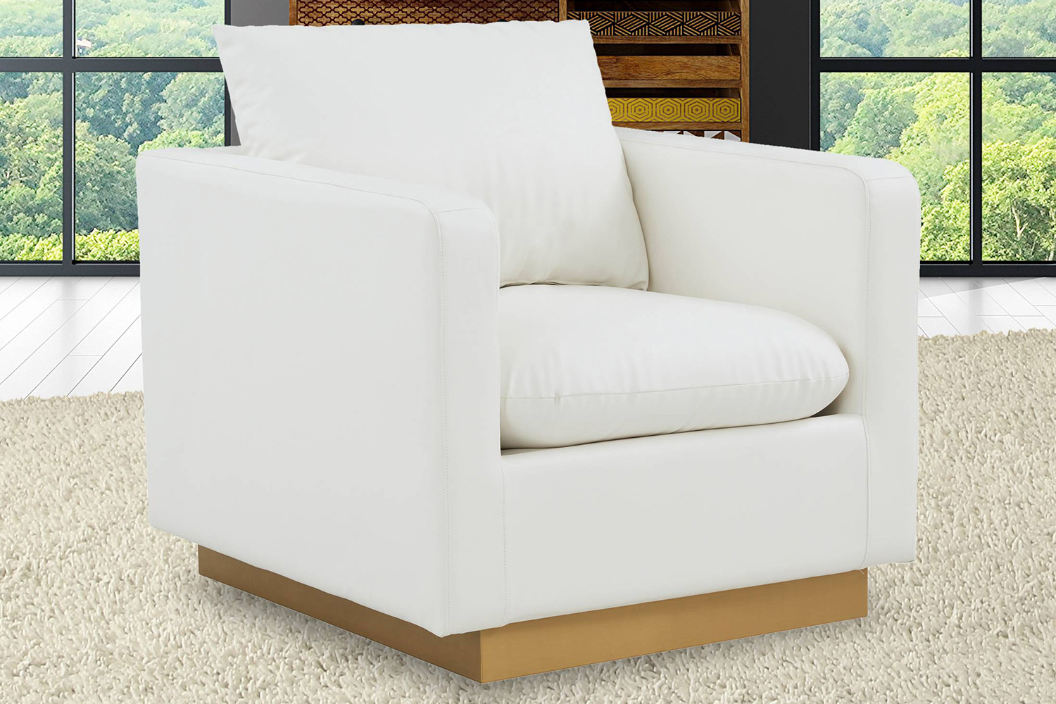 LeisureMod Nervo Modern Mid-Century Upholstered Leather Accent Armchair with Gold Base - White