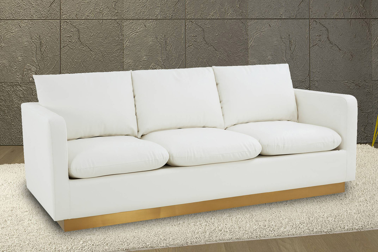 LeisureMod Nervo Modern Mid-Century Upholstered Leather Sofa with Gold Base - White