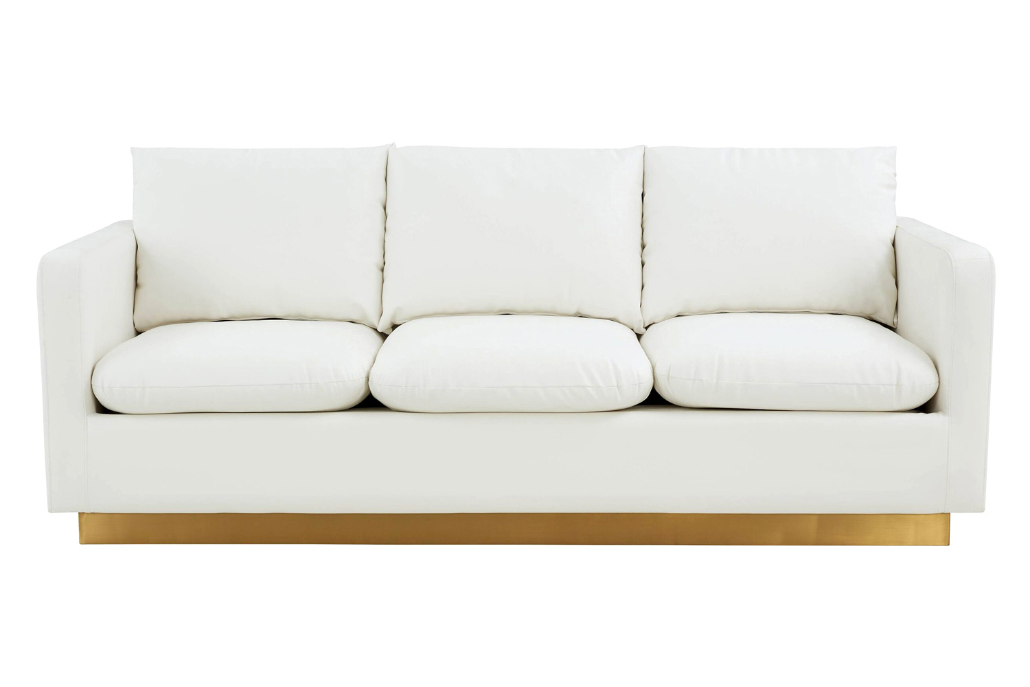 LeisureMod Nervo Modern Mid-Century Upholstered Leather Sofa with Gold Base - White