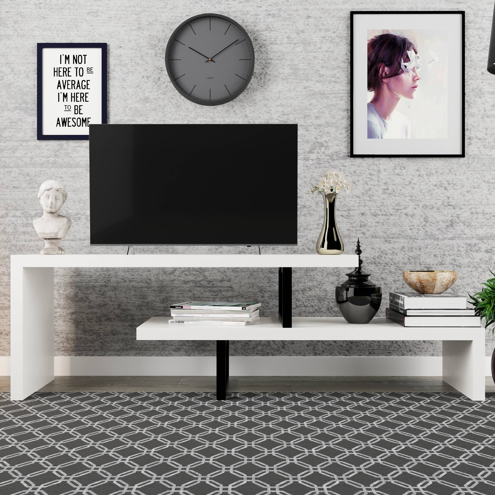 LeisureMod - Orford Mid-Century Modern TV Stand with MDF Shelves and Powder Coated Iron Legs