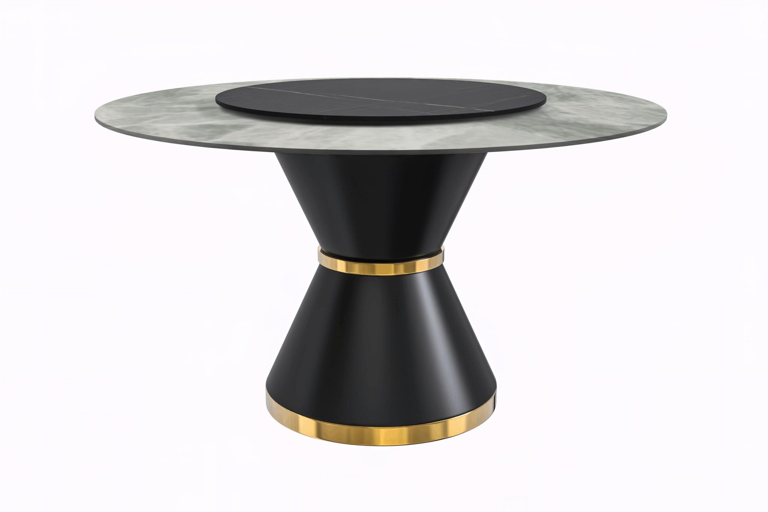 LeisureMod - Qorvus Mid-Century Modern Round Dining Table with 60" Glass/Stone Top and Black/Gold Pedestal Base