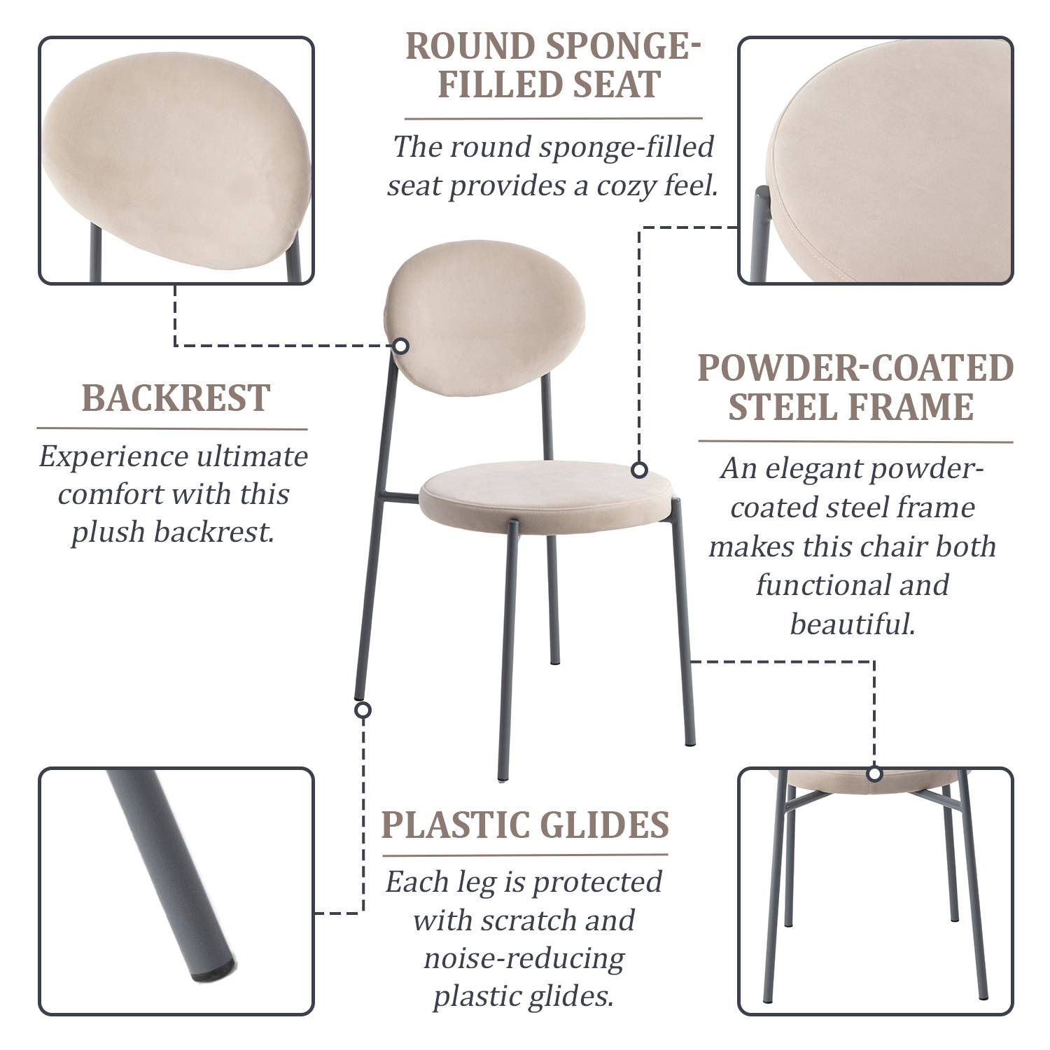 LeisureMod Euston Modern Velvet Dining Chair With Gray Steel Frame - Beige
