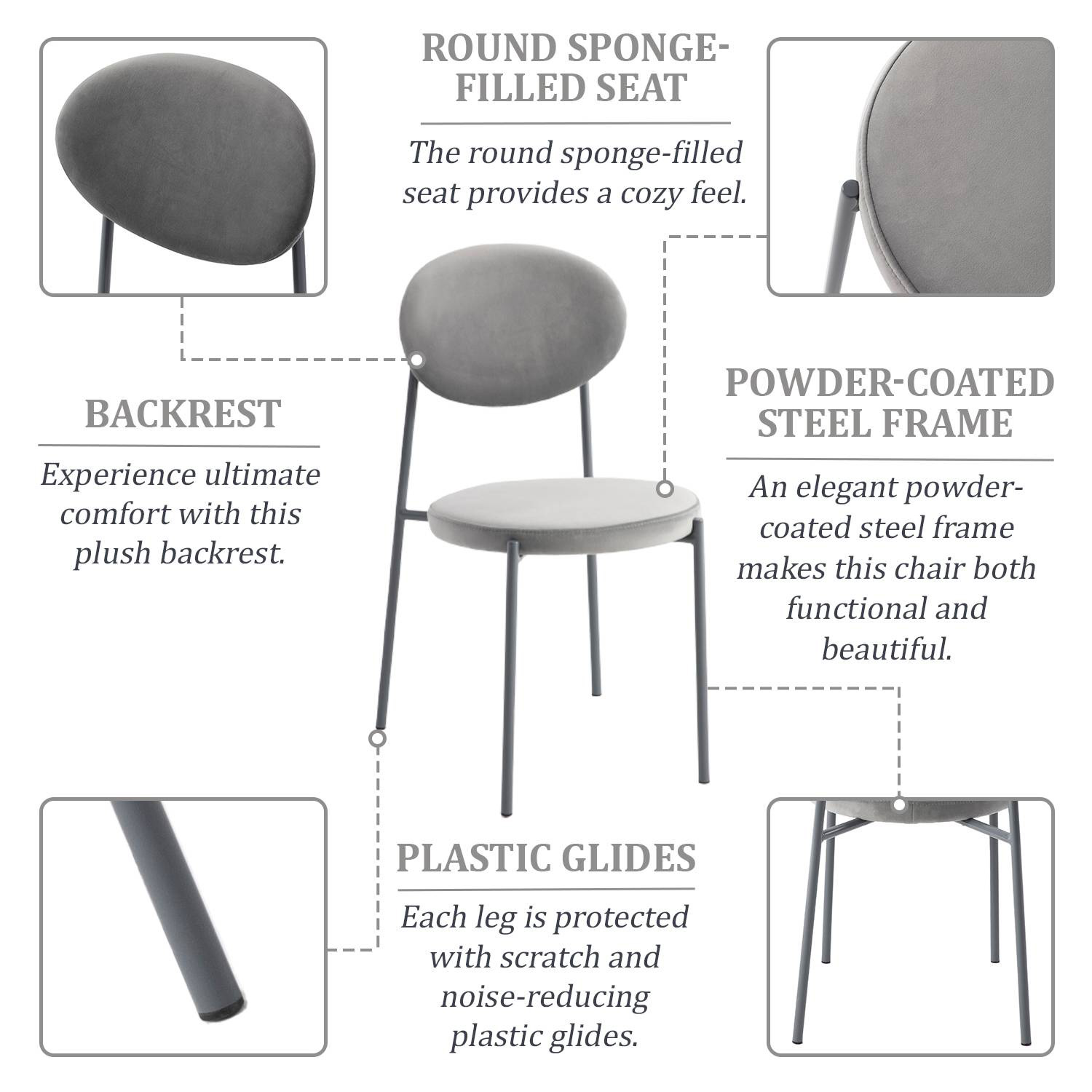 LeisureMod Euston Modern Velvet Dining Chair With Gray Steel Frame - Gray